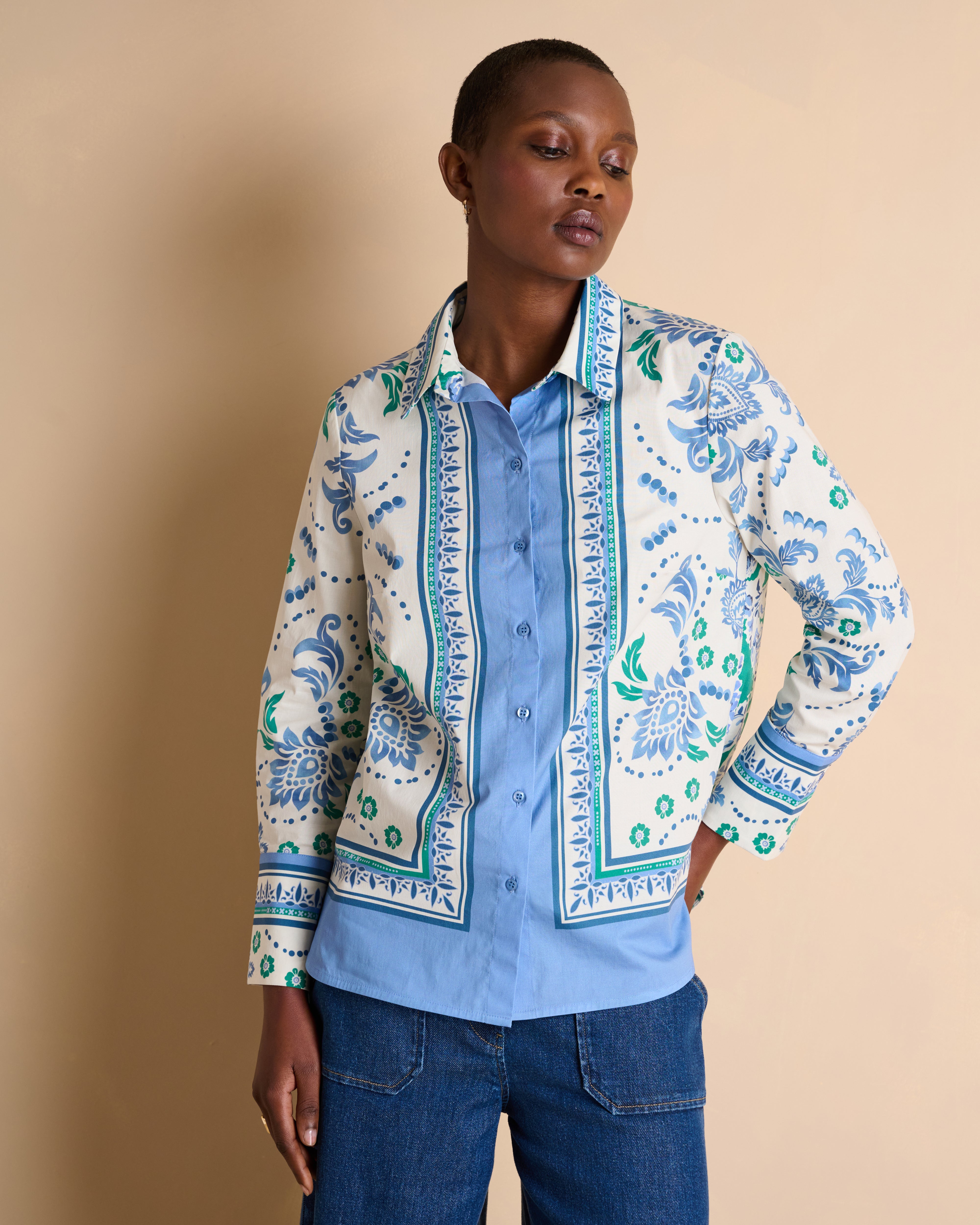 Chemise imprimée bleue manches longues en popeline de coton