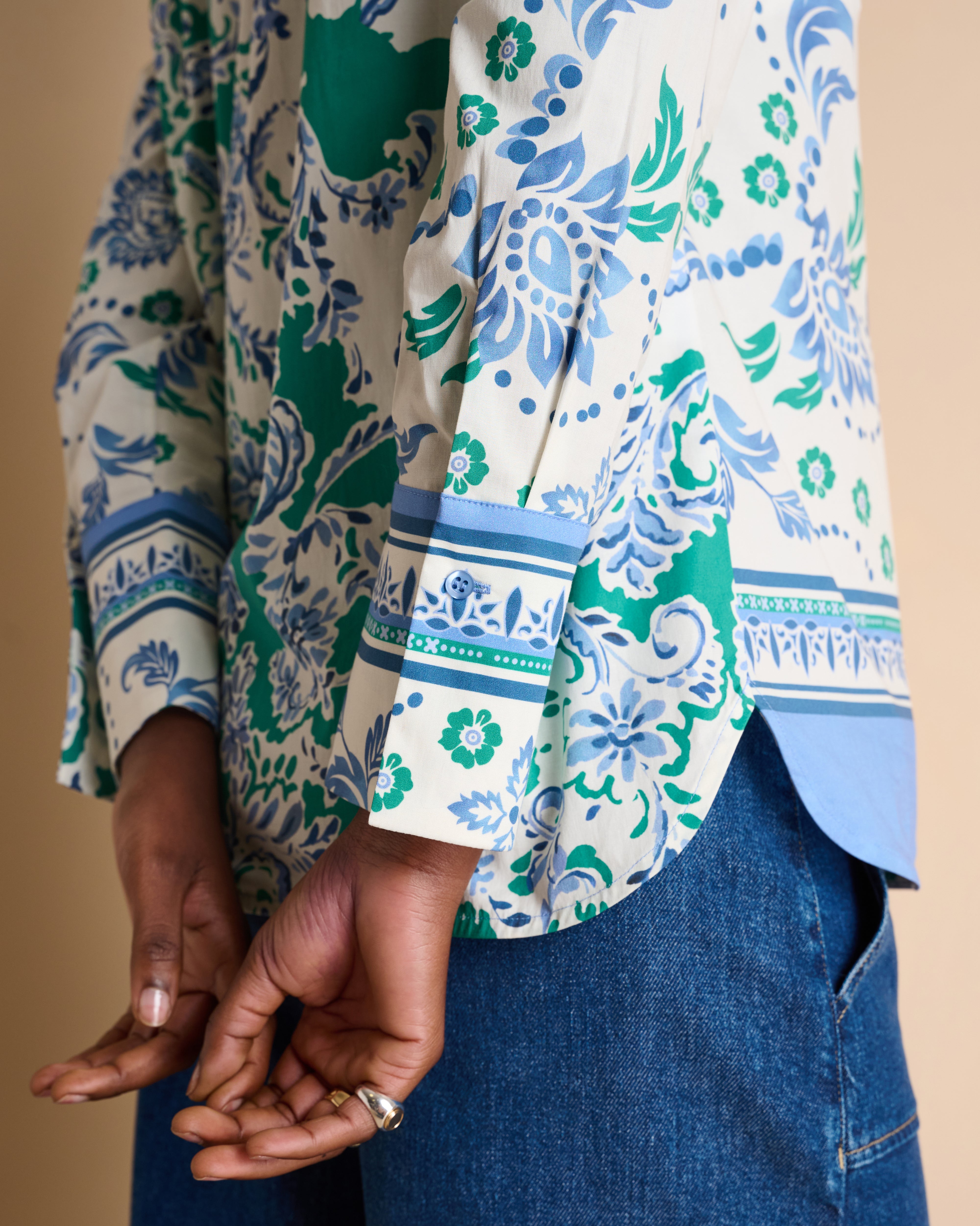 Chemise imprimée bleue manches longues en popeline de coton