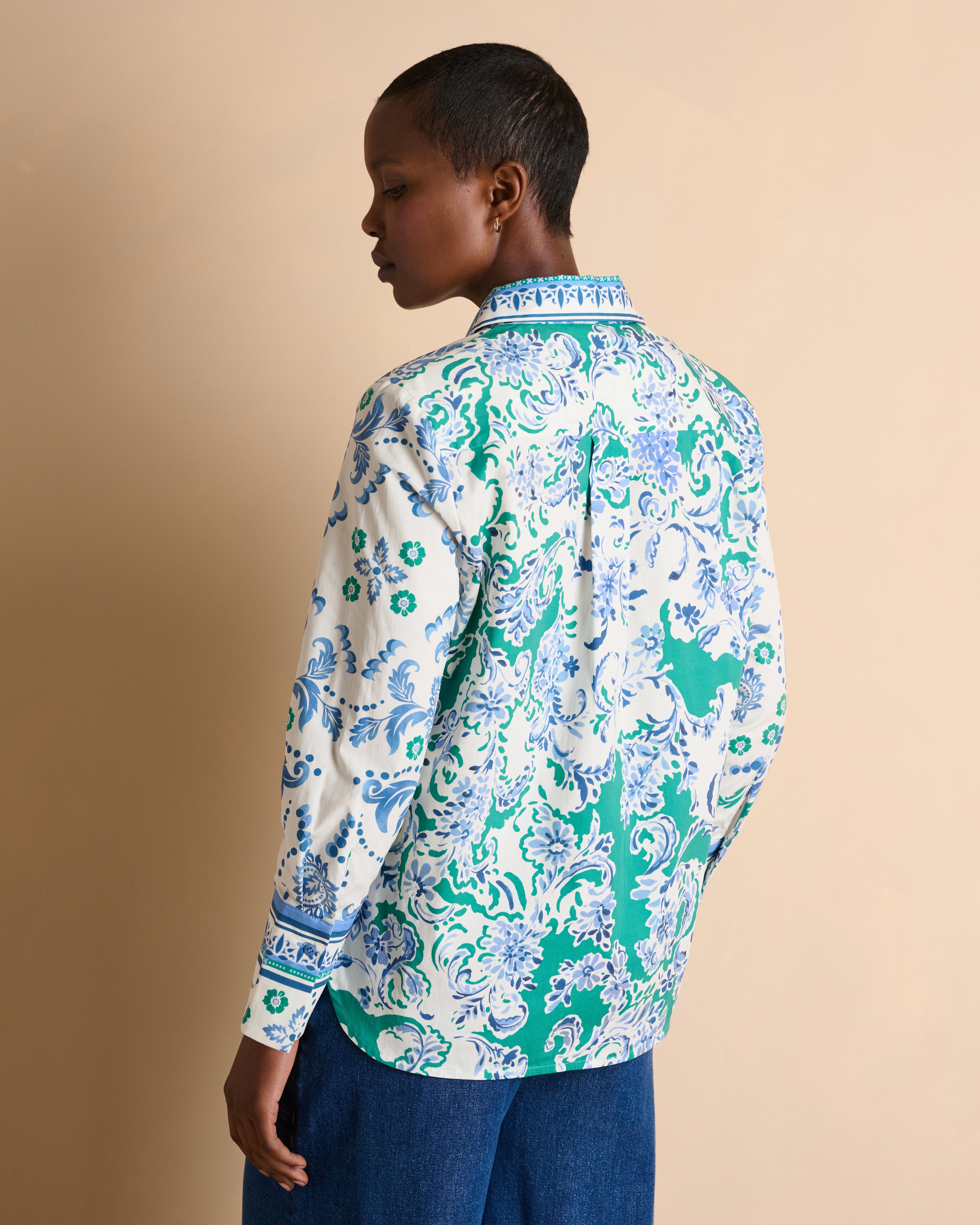 Chemise imprimée bleue manches longues en popeline de coton