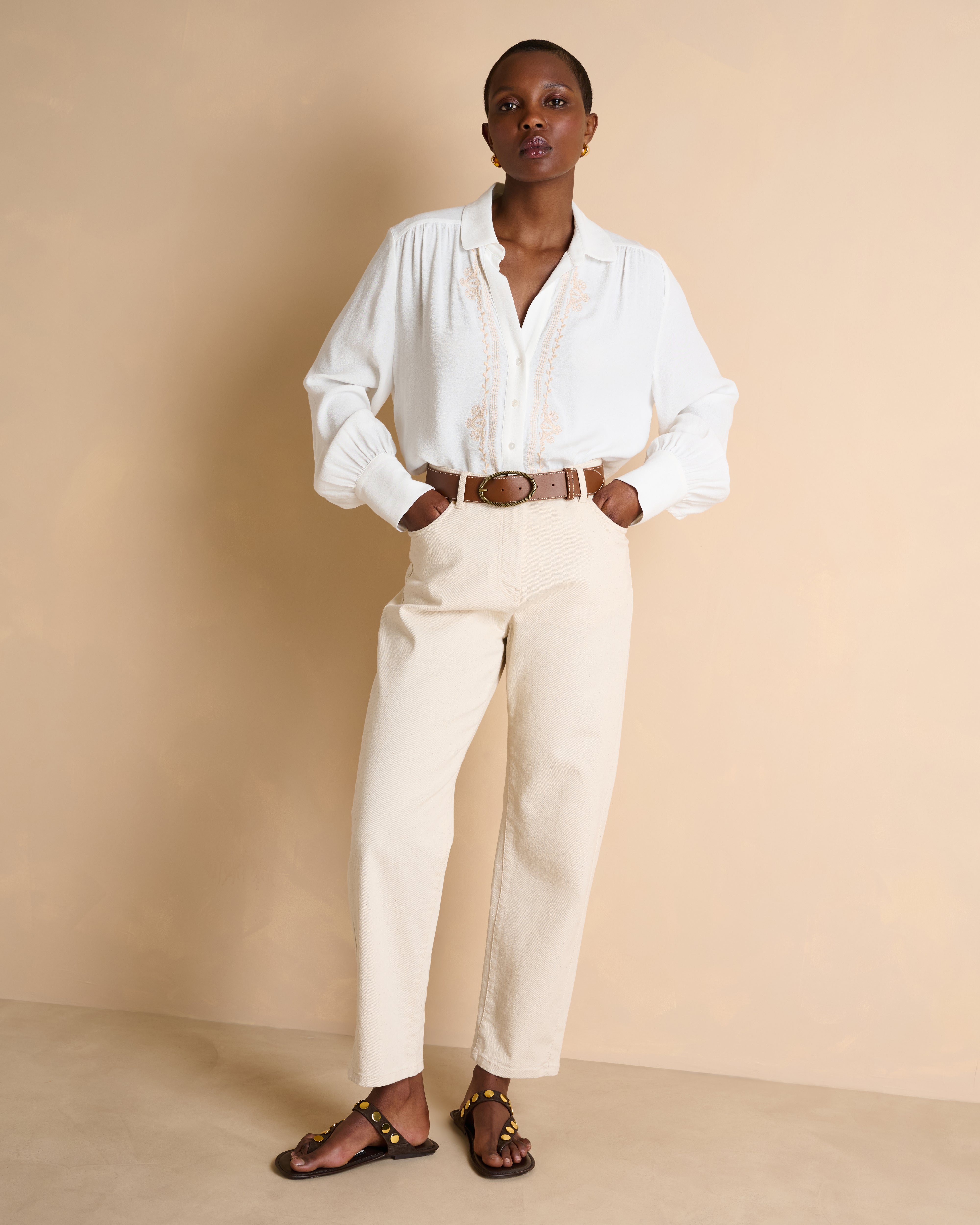 Chemisier blanc brodé manches longues en crêpe de viscose
