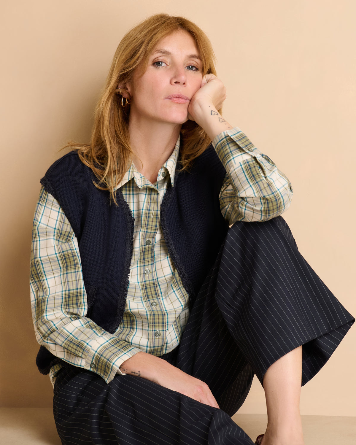 Chemise grise à carreaux manches longues en coton