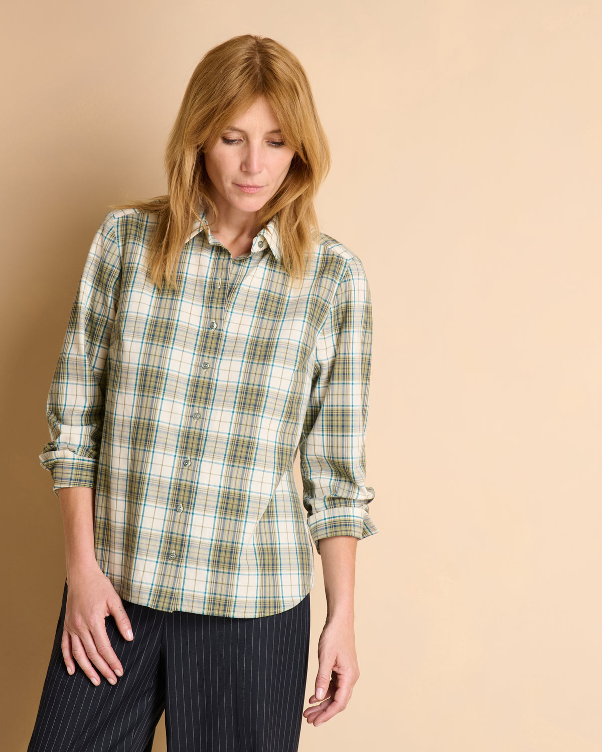 Chemise grise à carreaux manches longues en coton