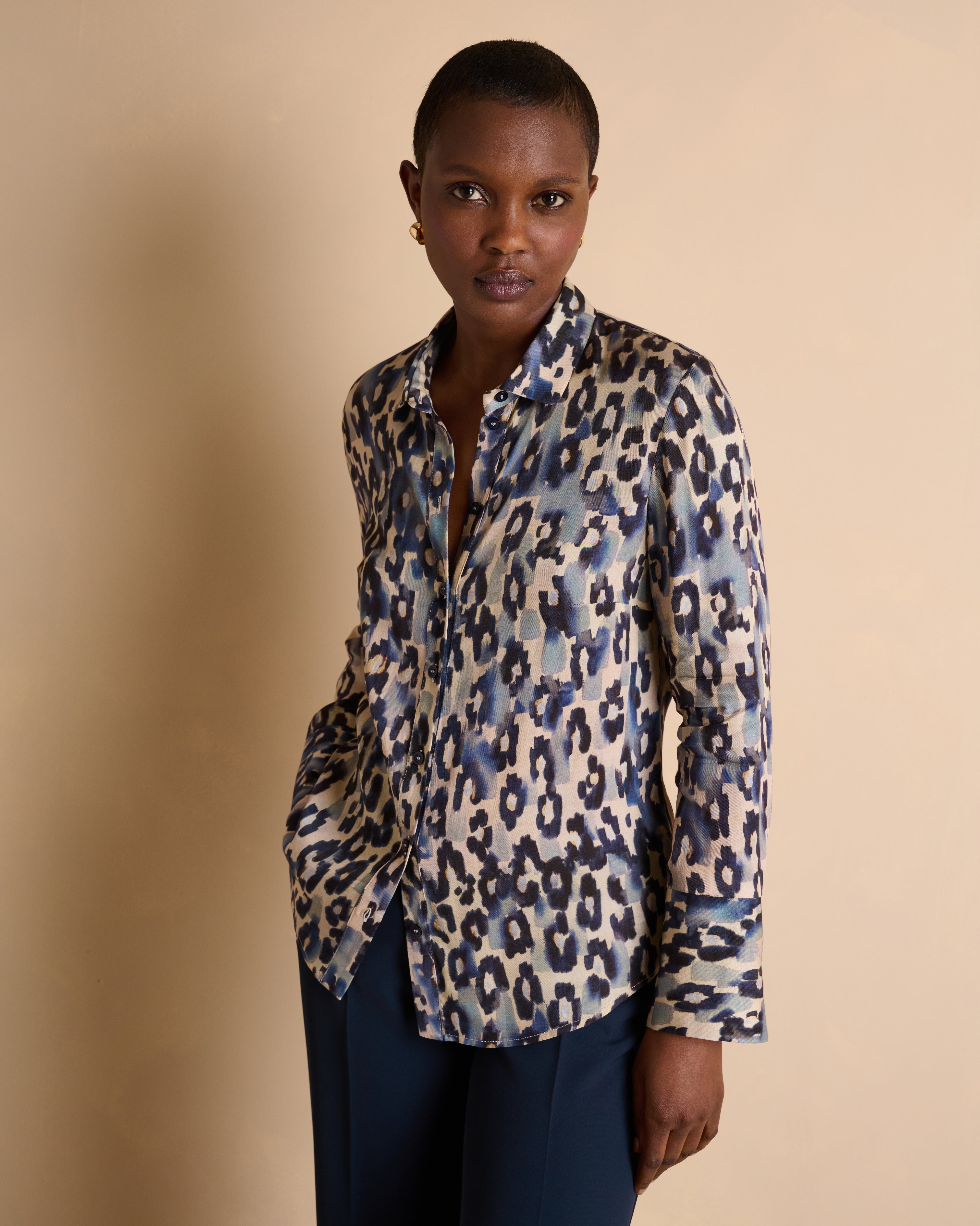 Chemise bleue imprimée manches longues en twill de viscose