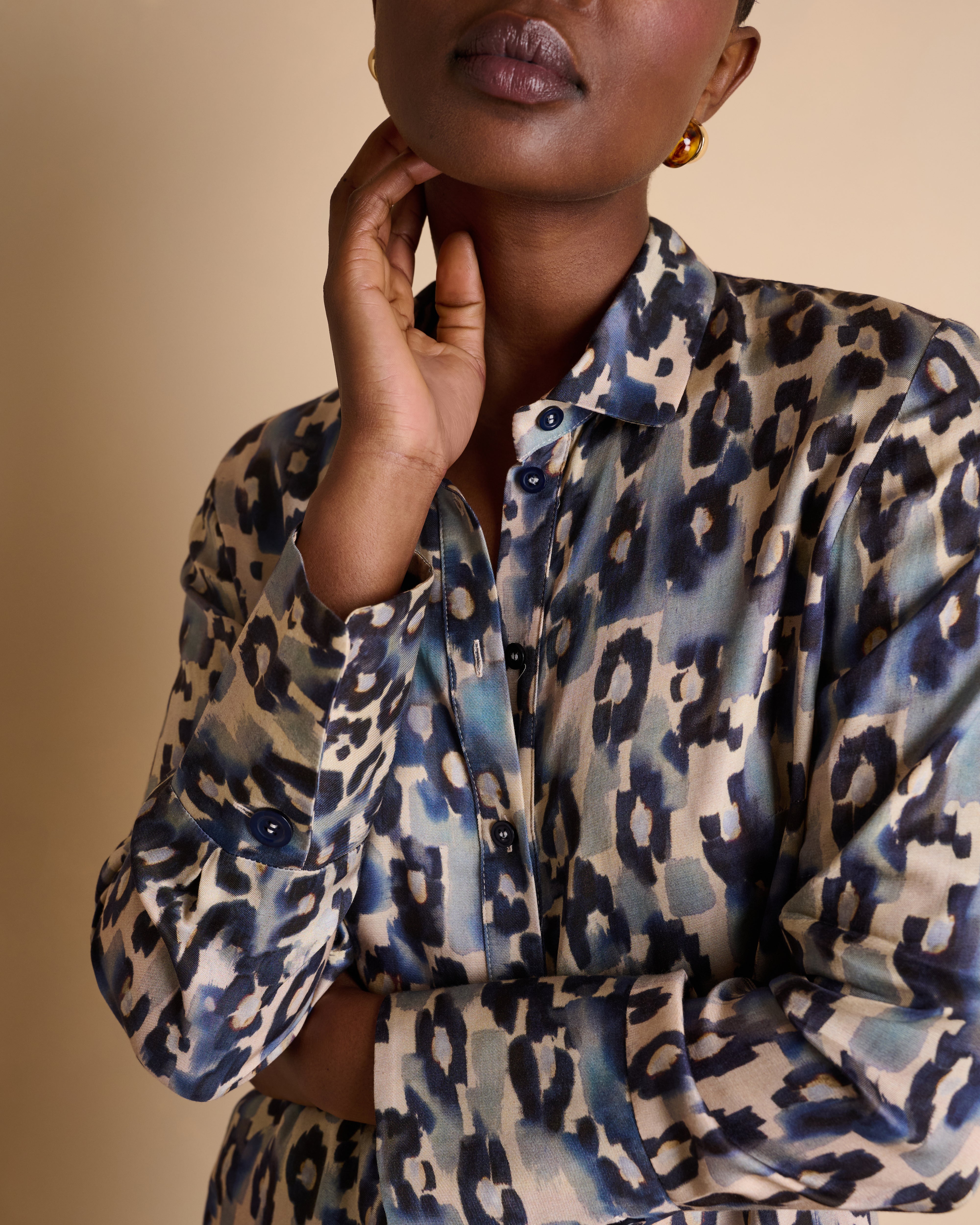 Chemise bleue imprimée manches longues en twill de viscose