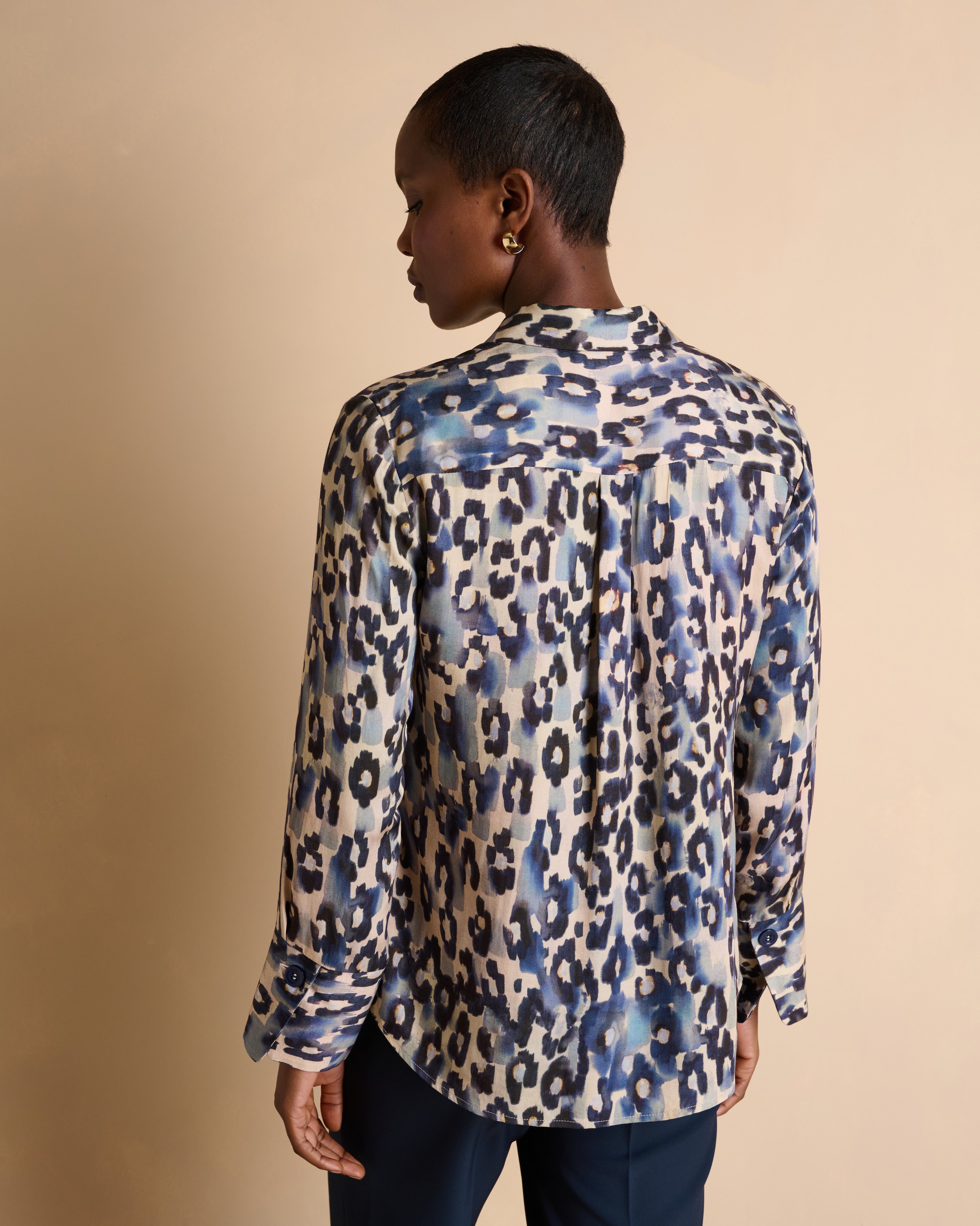 Chemise bleue imprimée manches longues en twill de viscose