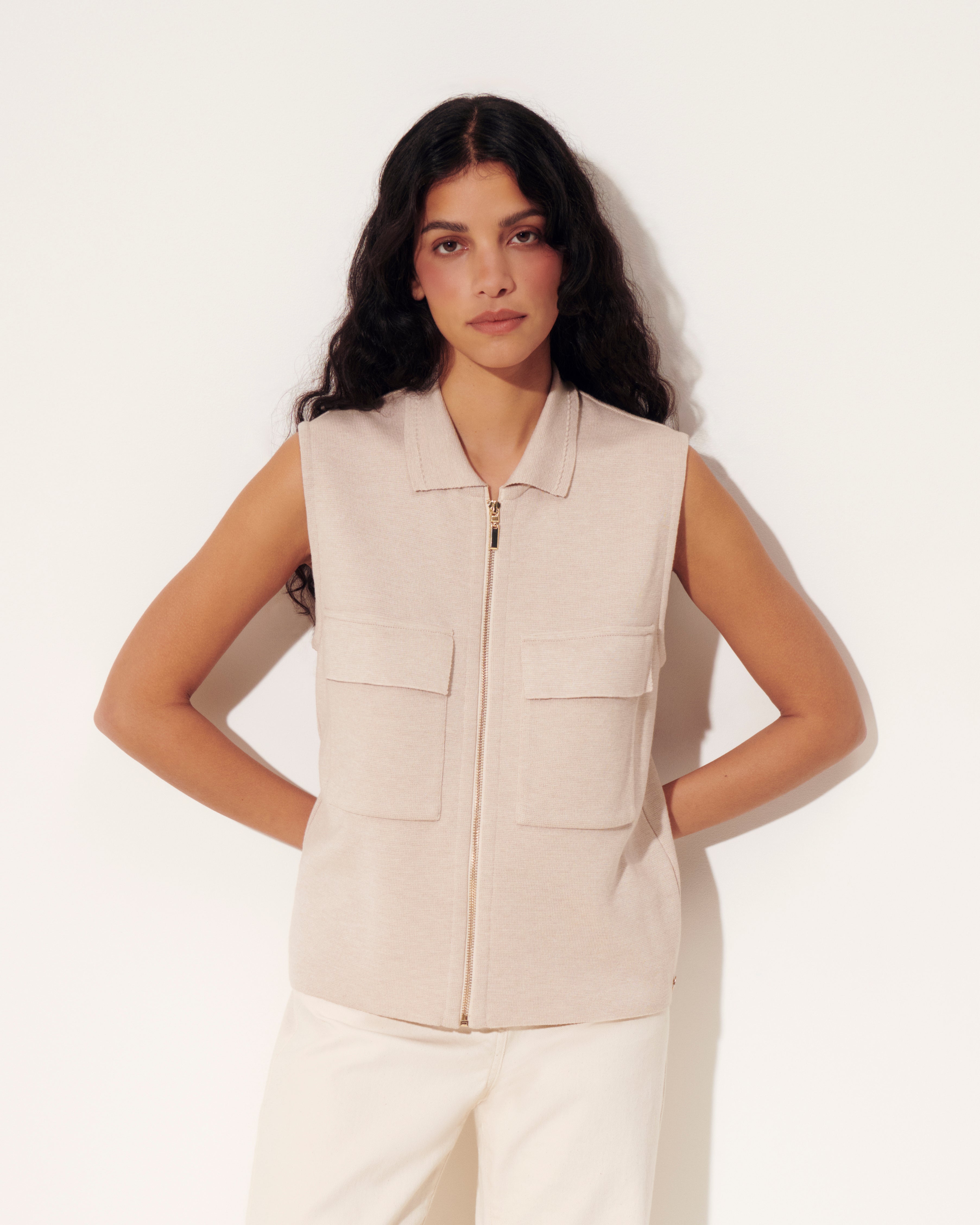 Gilet sans manches en maille milano GANACHE/13046/784