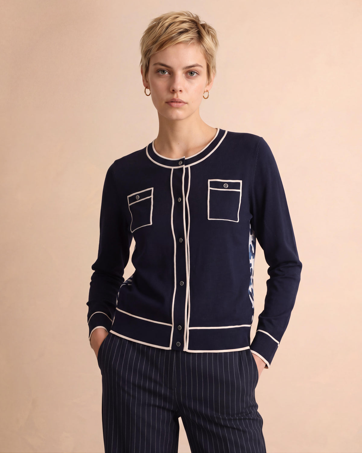 Gilet bleu dos imprimé manches longues encolure ronde GARZETTE/14209/635
