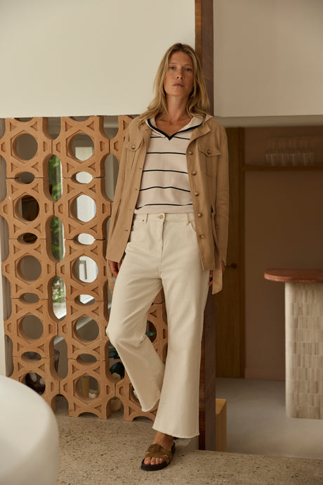 DERNIÈRE CHANCE Pull à capuche beige à rayures en maille