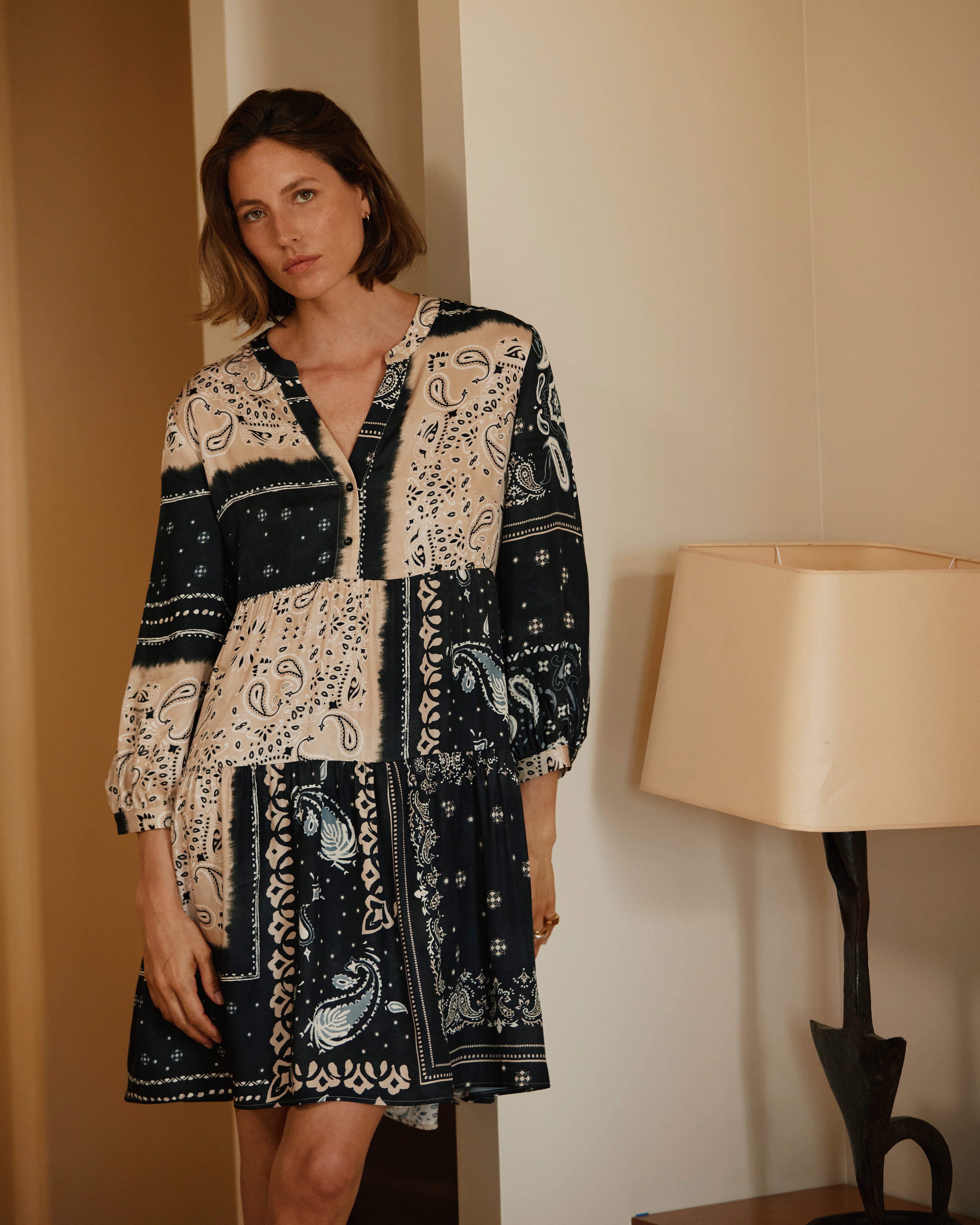 Robe courte noire imprimée manches 3/4 REDFORD/14160/671