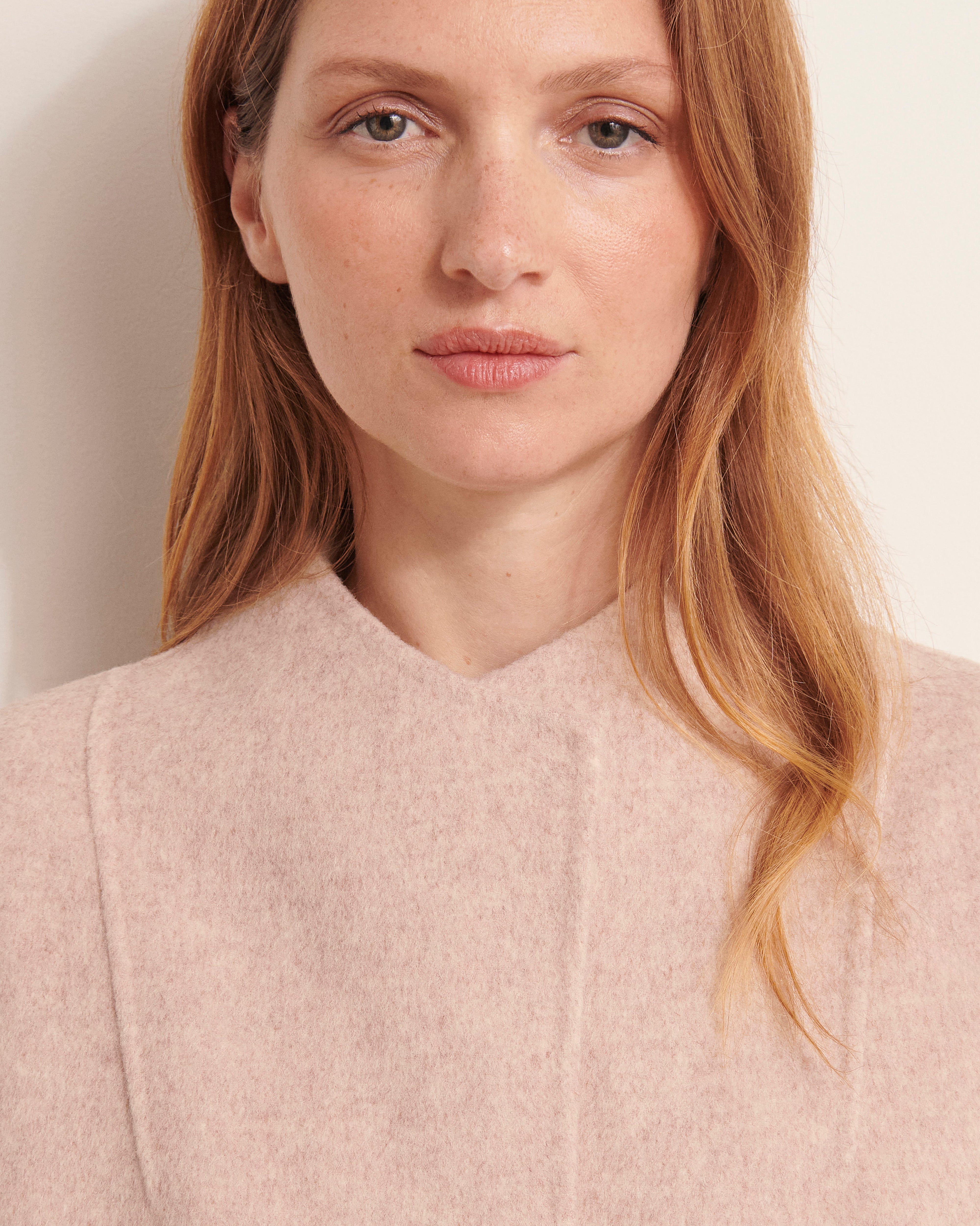 manteau droit mi long beige en laine double face