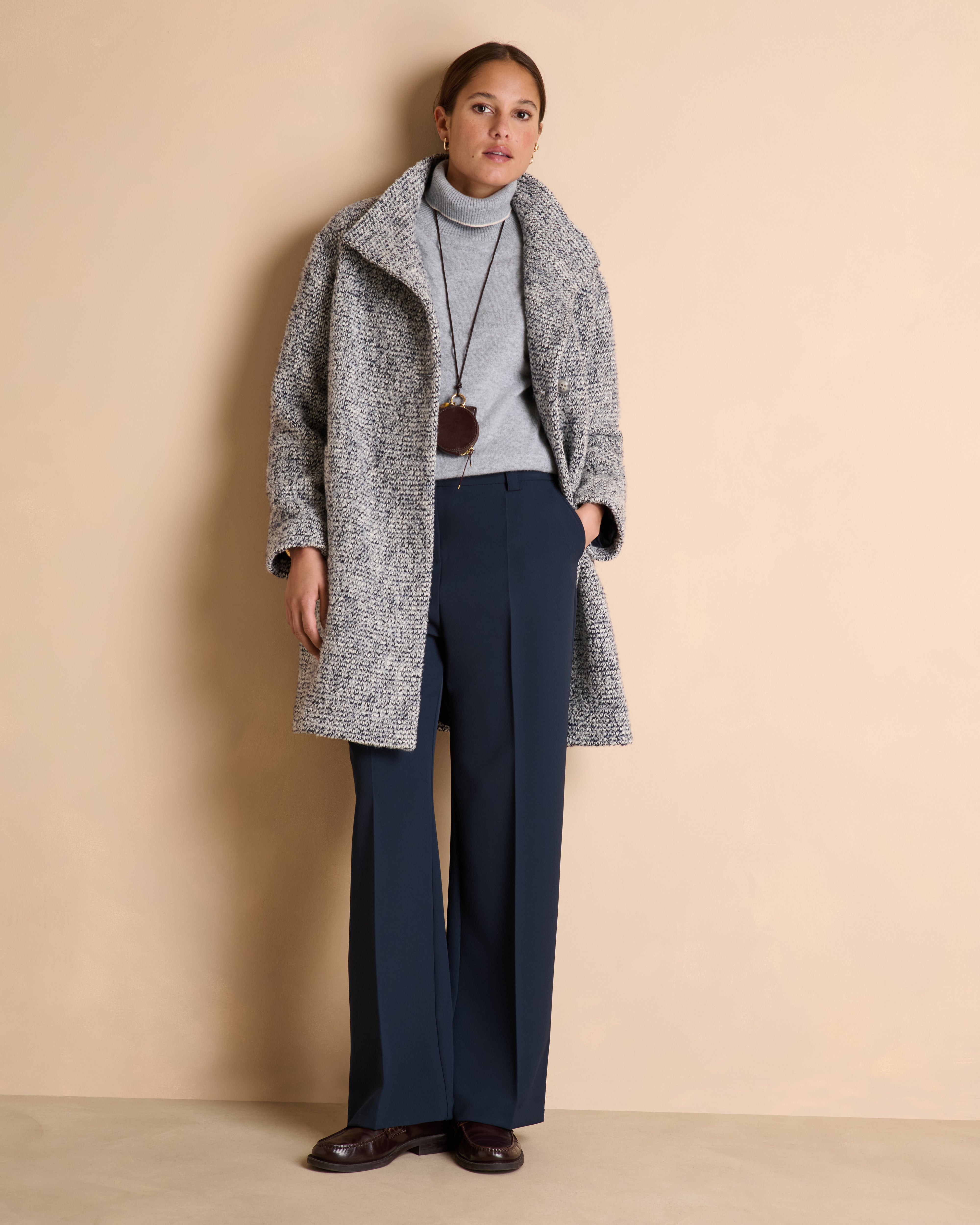 Manteau gris long en tweed col montant MALANGA/14119/639