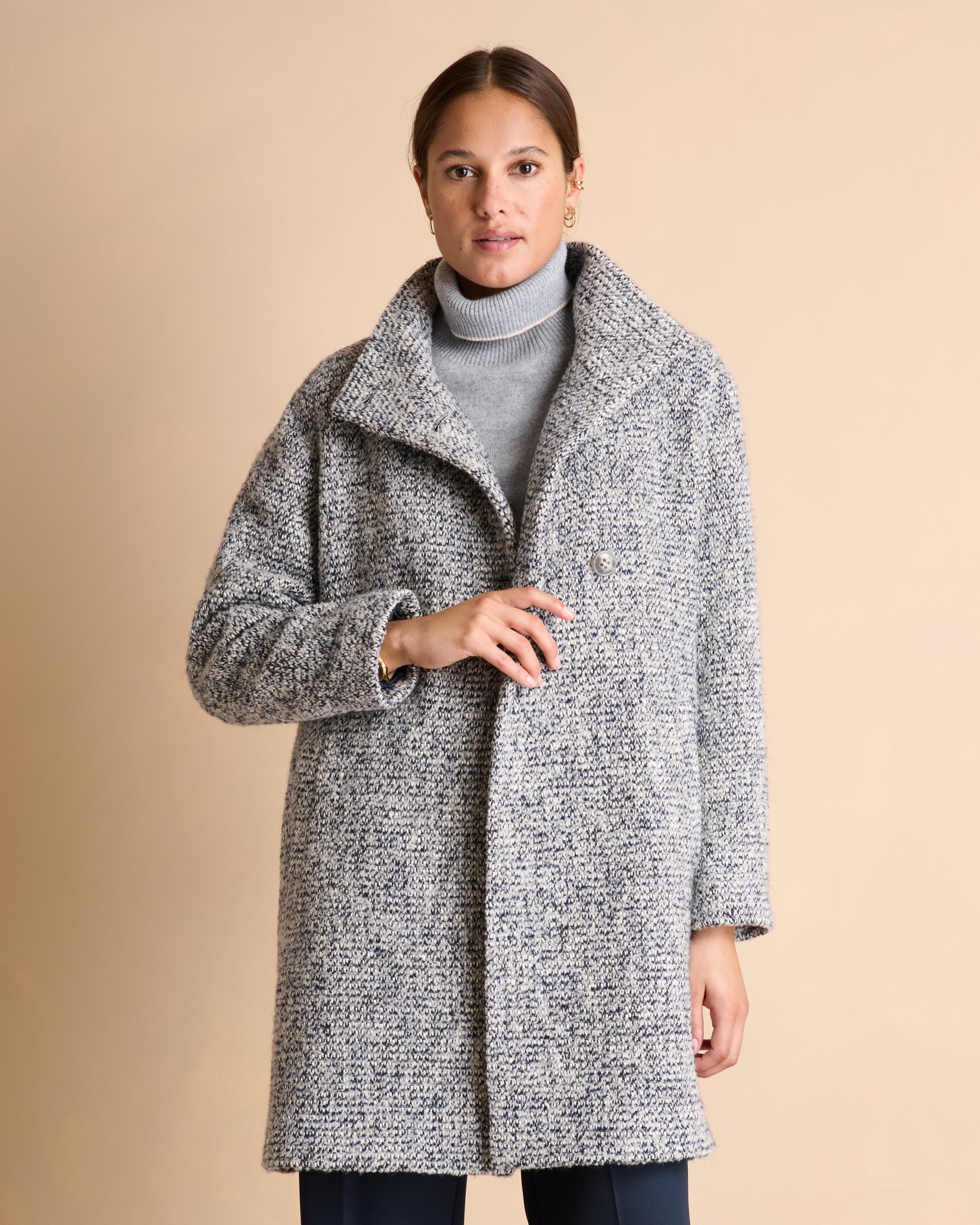 Manteau gris long en tweed col montant MALANGA/14119/639