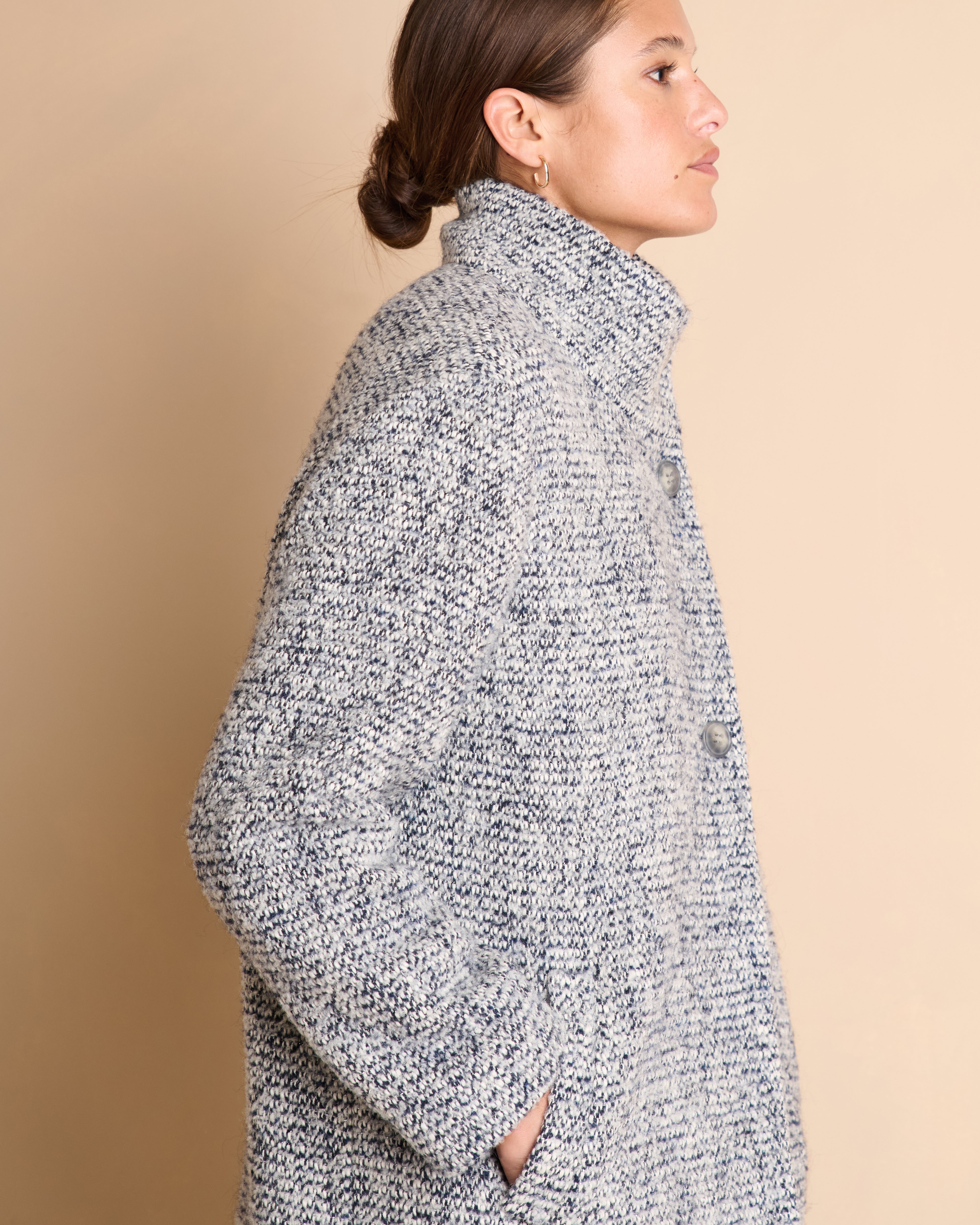 Manteau gris long en tweed col montant en laine et coton