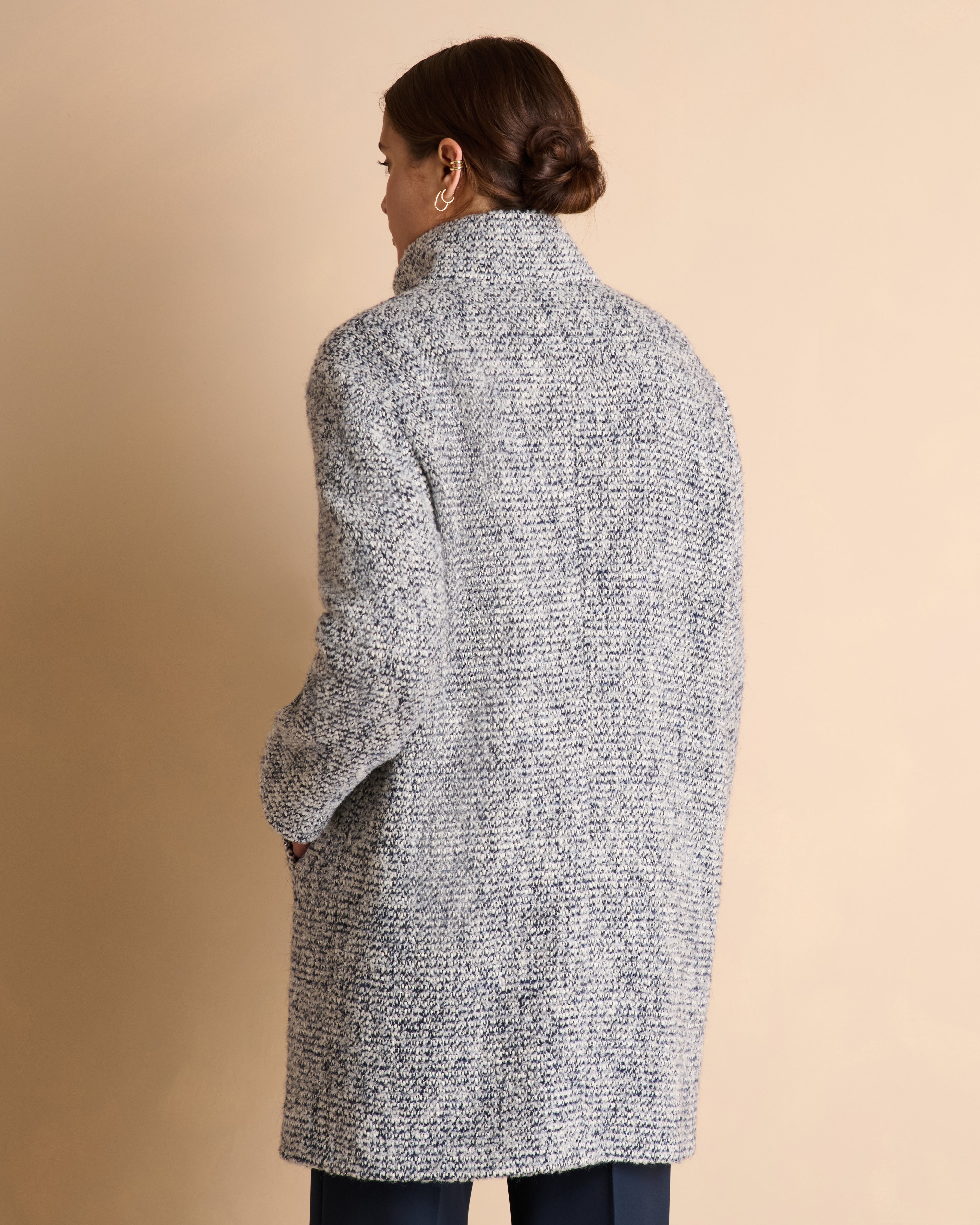 Manteau gris long en tweed col montant en laine et coton