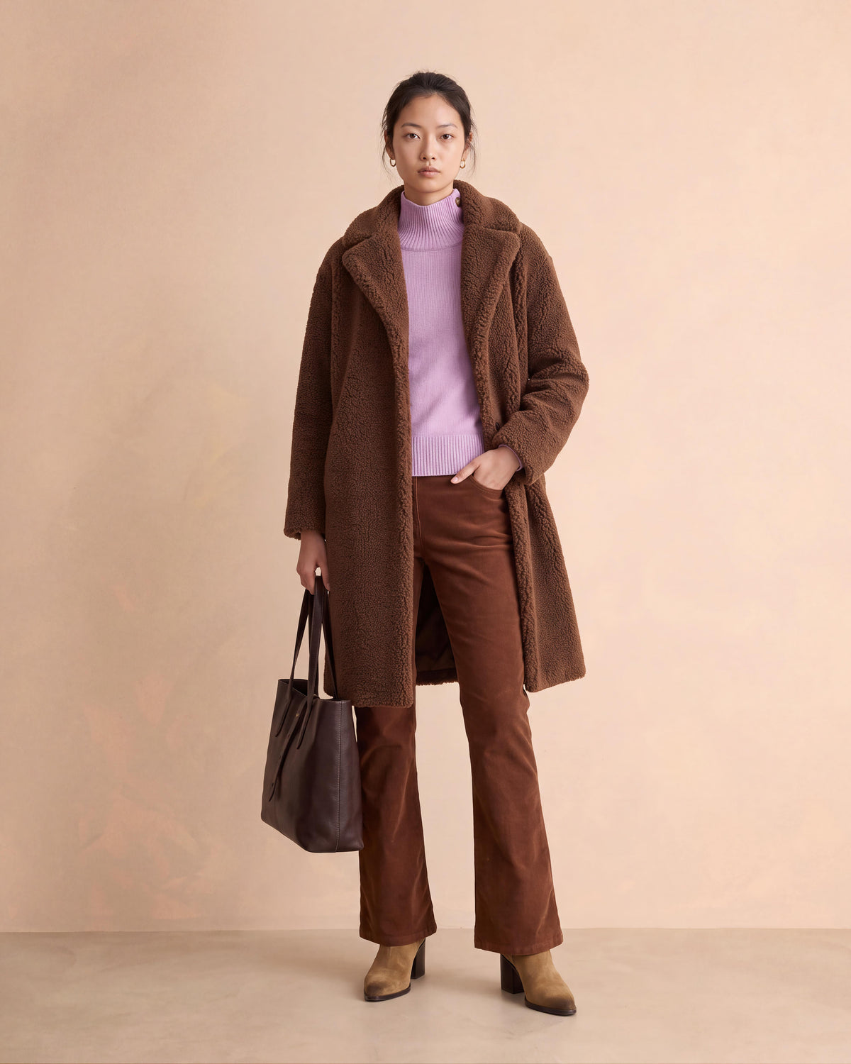 Manteau long marron col tailleur METEO14/14235/039