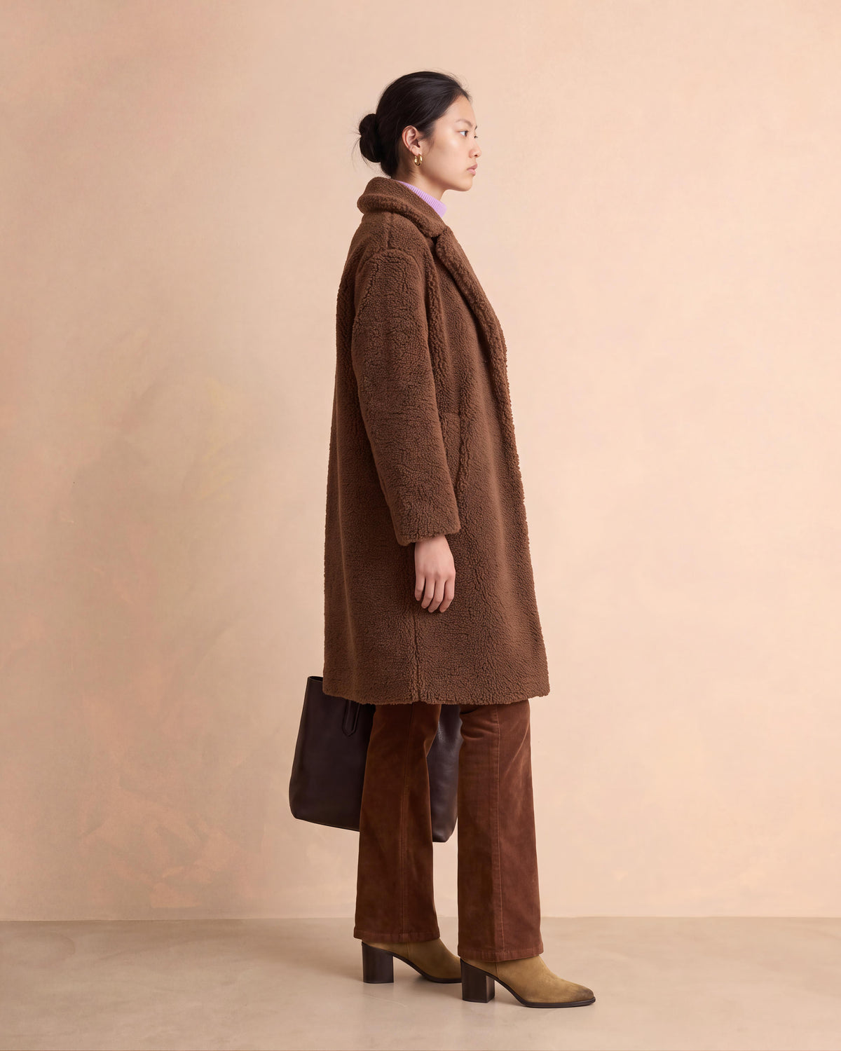 Manteau long marron col tailleur METEO14/14235/039