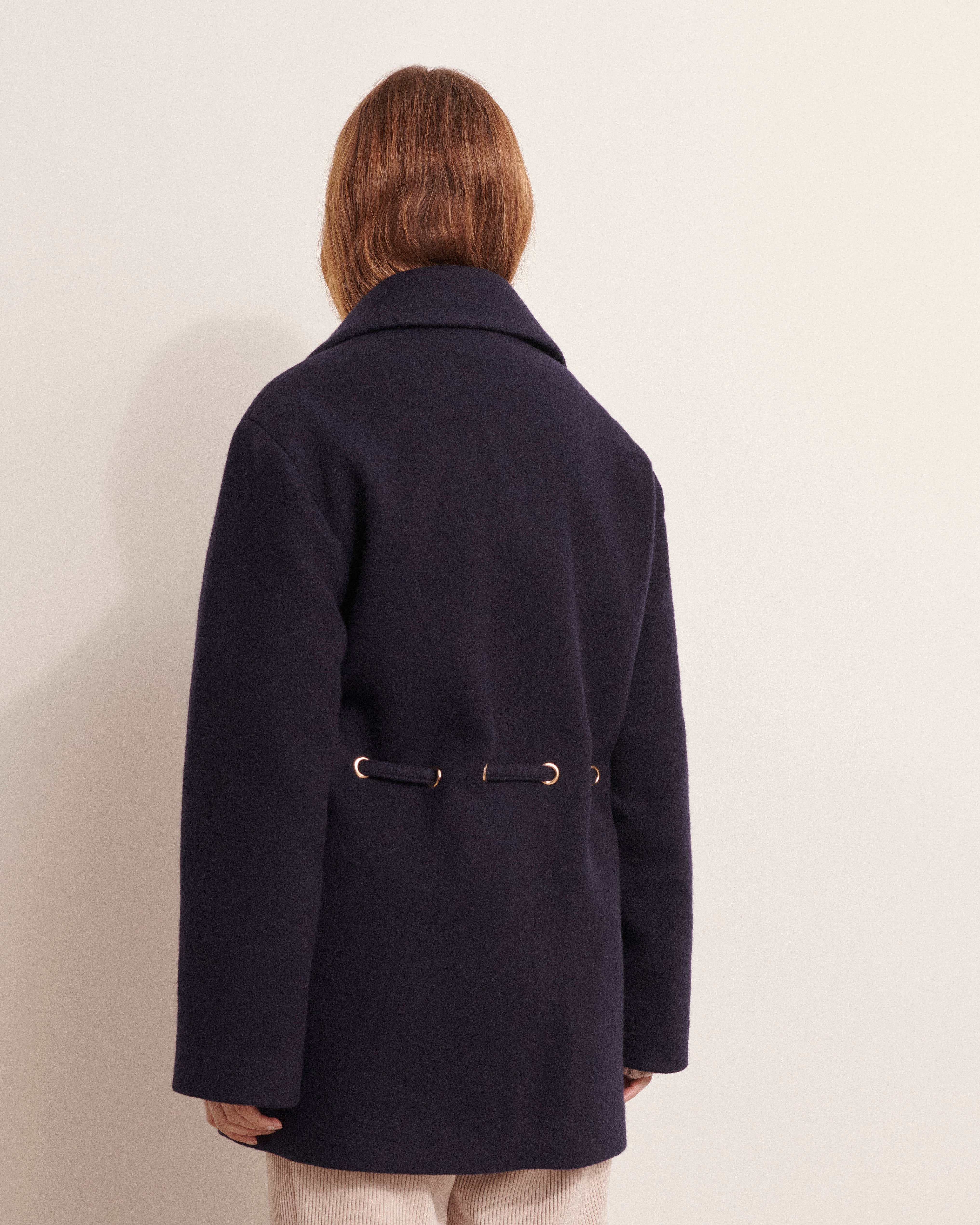 manteau croisé en drap de laine bleu marine