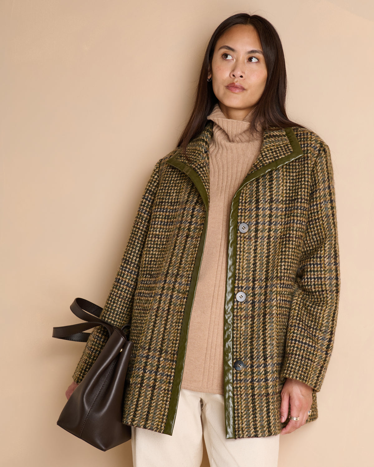 Manteau long kaki à carreaux col montant contient de la laine