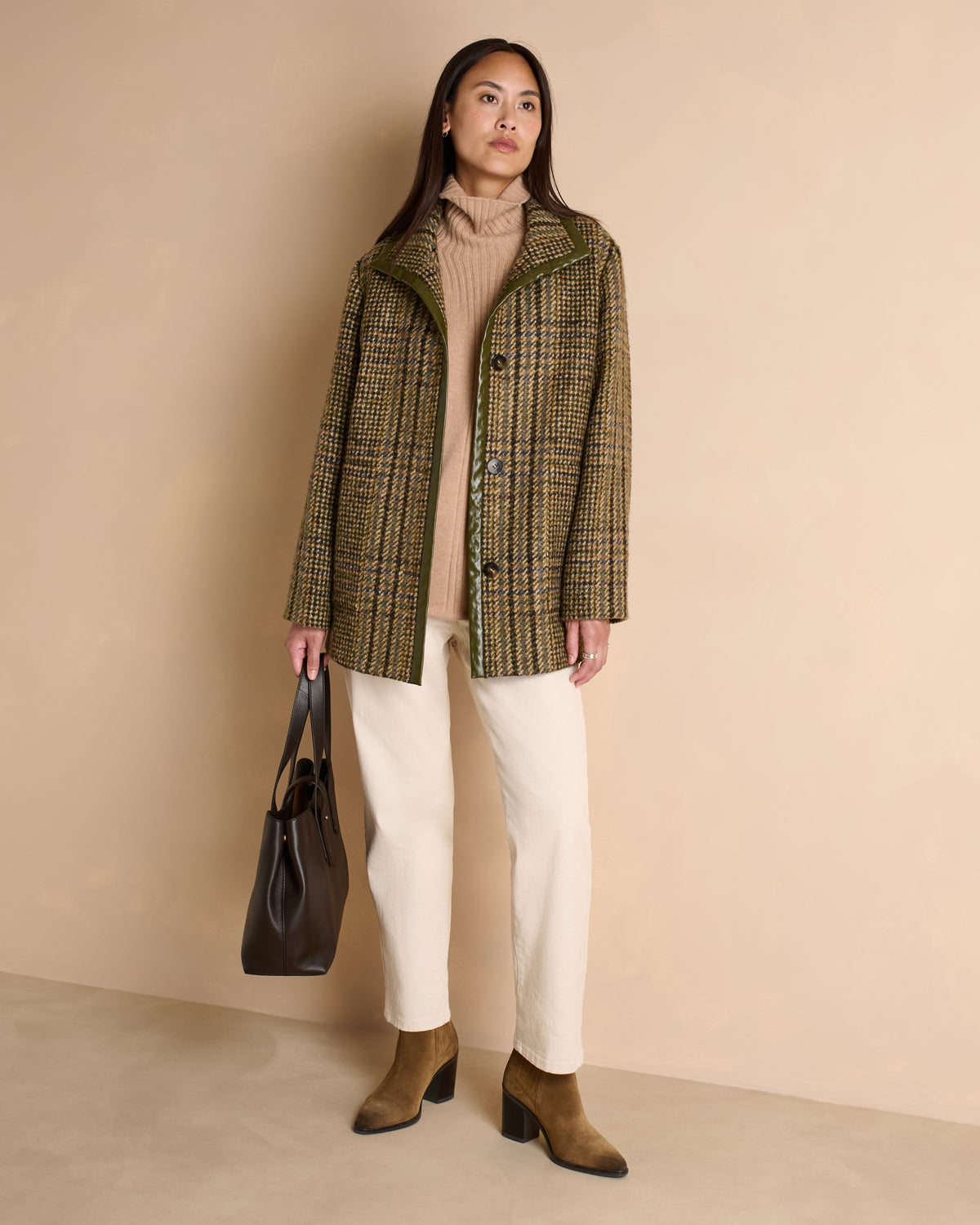 Manteau long kaki à carreaux col montant contient de la laine