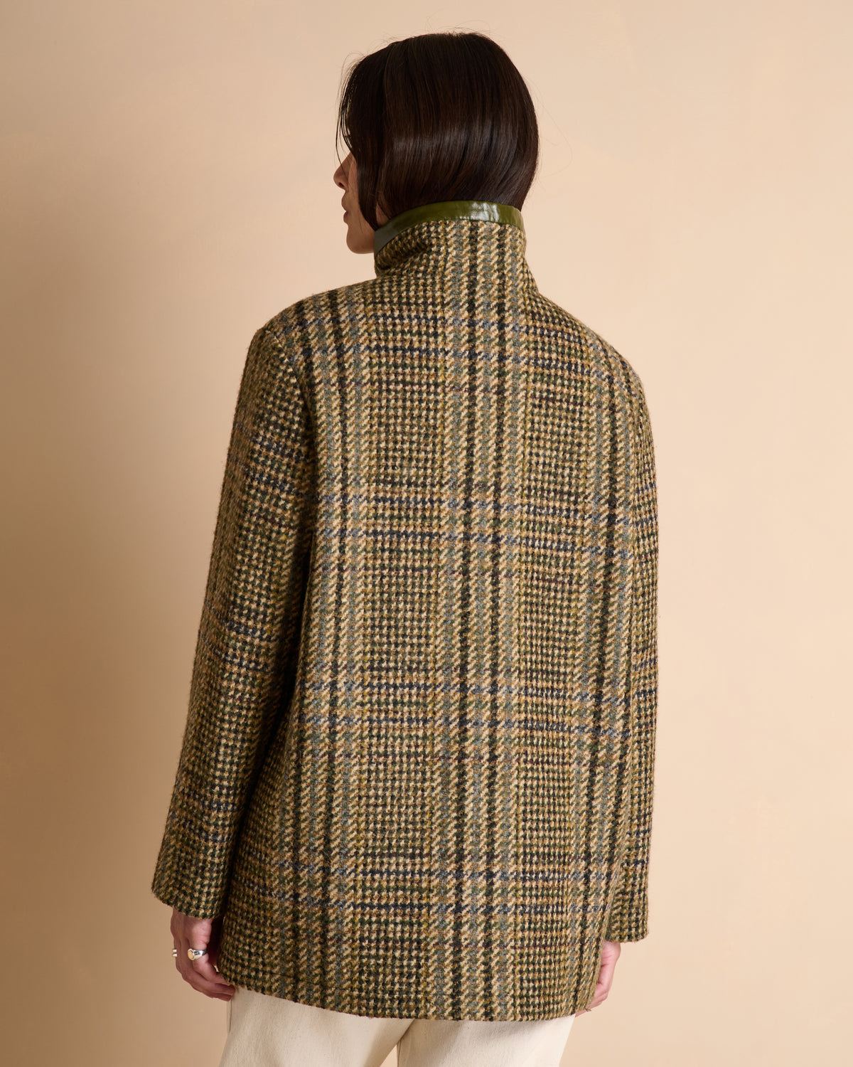 Manteau long kaki à carreaux col montant contient de la laine