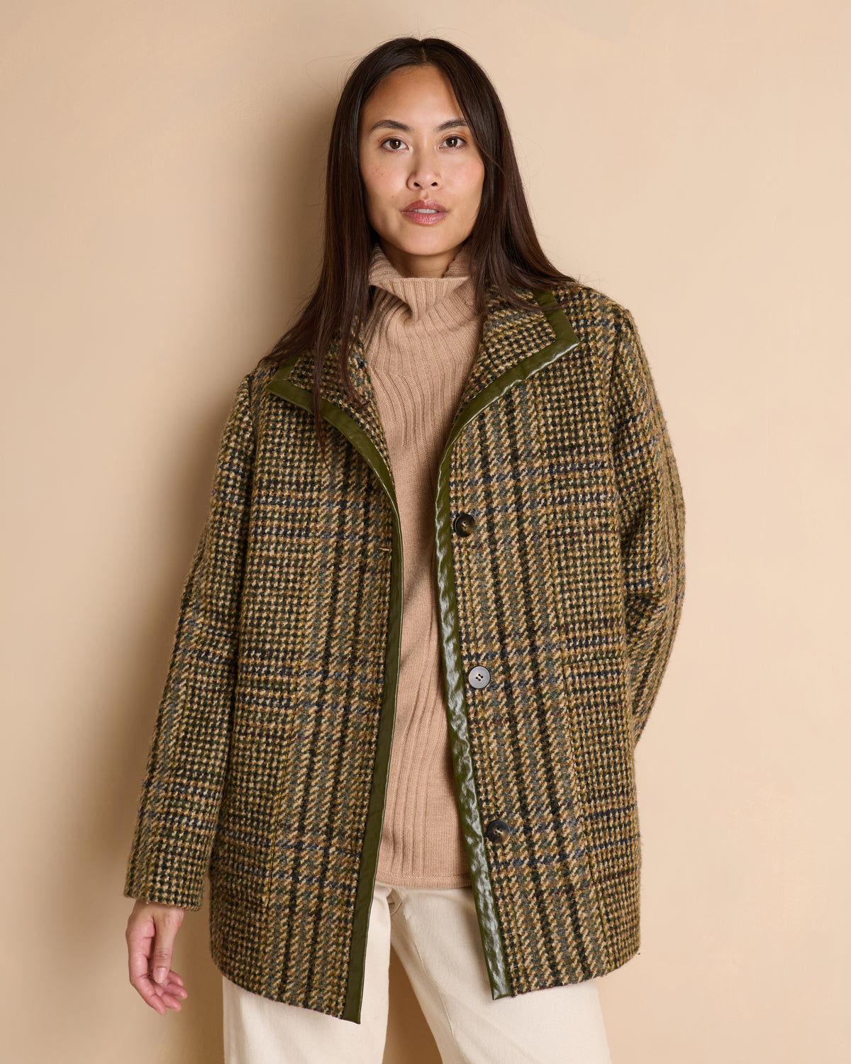 Manteau long kaki à carreaux col montant contient de la laine