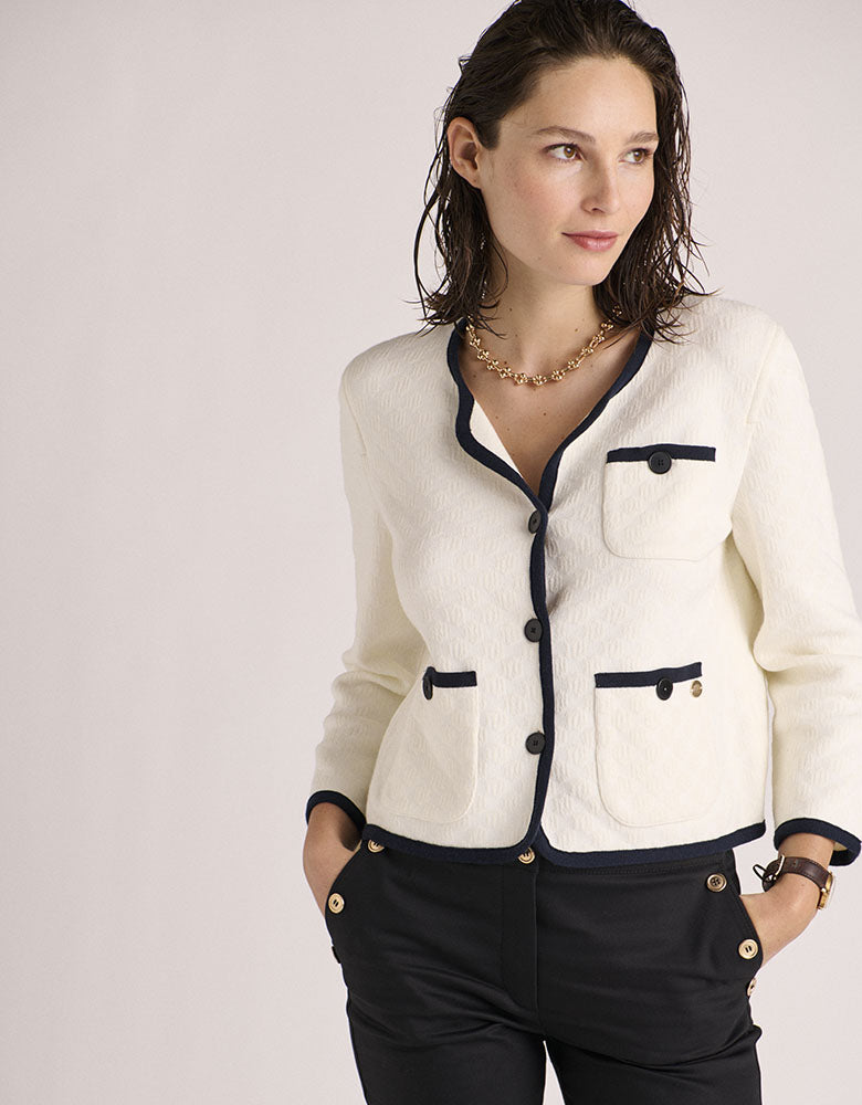 veste courte maille jacquard ecru