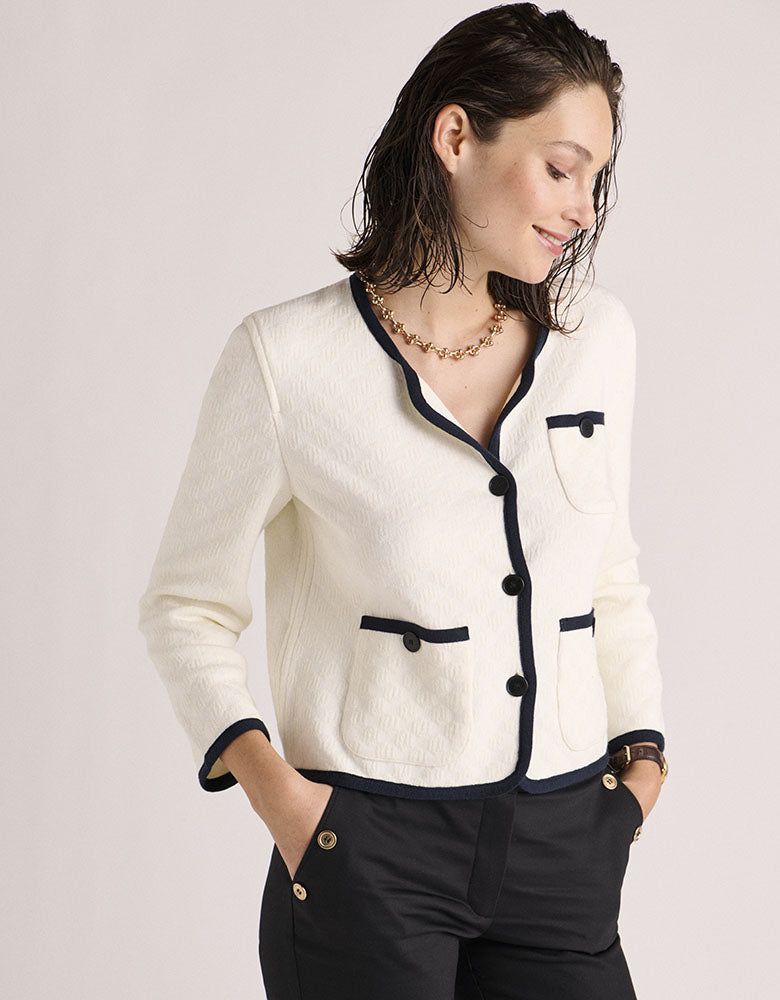 veste courte maille jacquard ecru