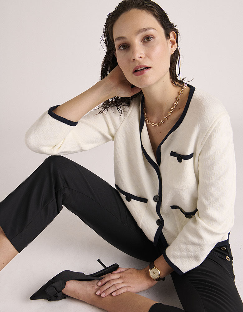 veste courte maille jacquard ecru