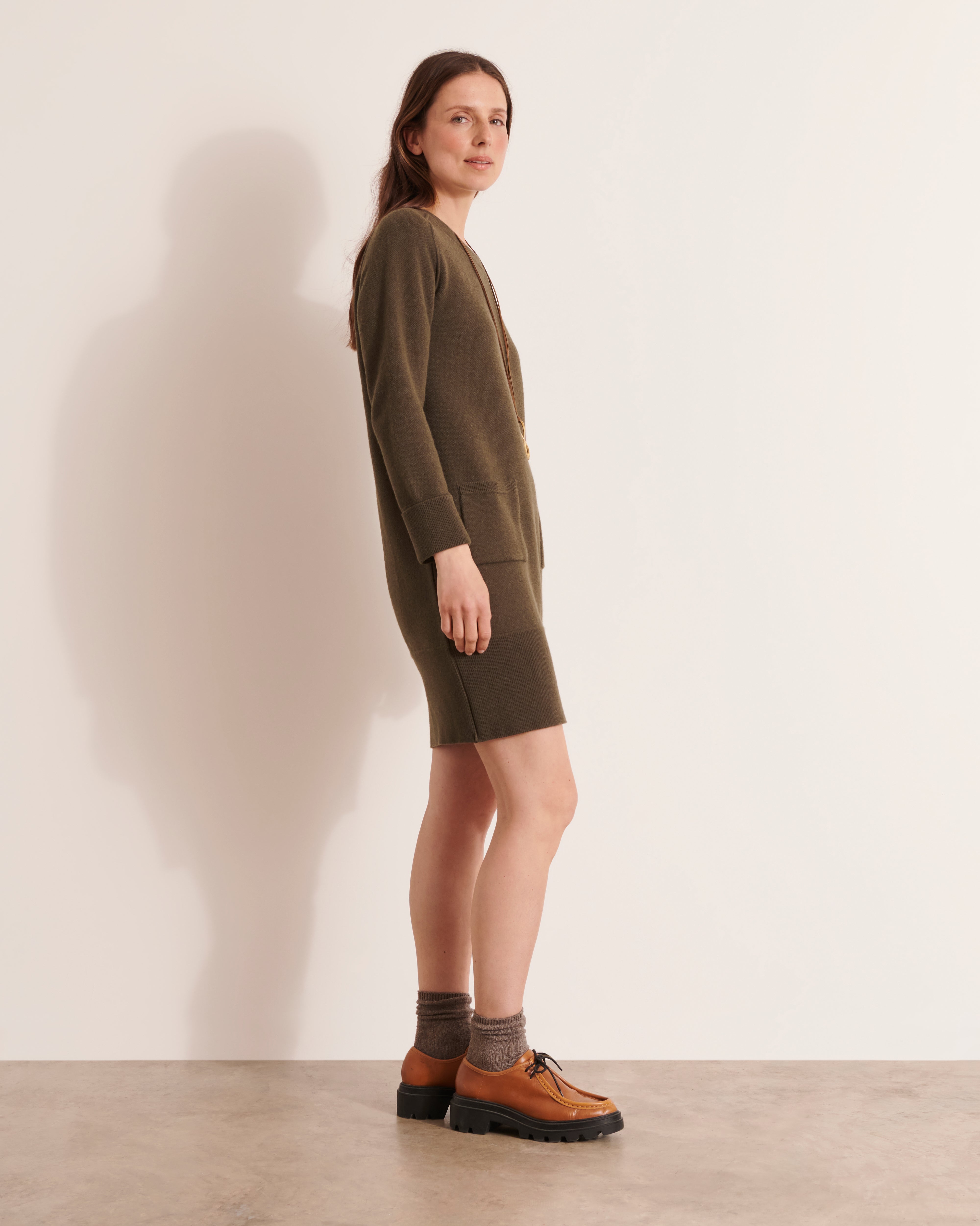 robe en maille cachemire et laine mérinos kaki