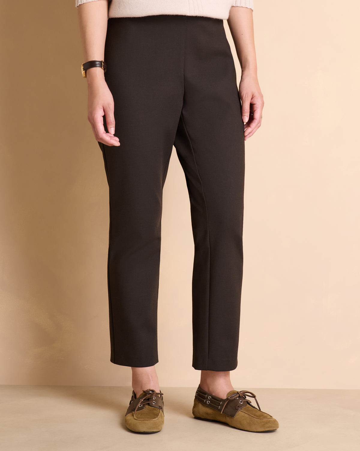 Pantalon marron droit 7/8e ceinture élastiquée