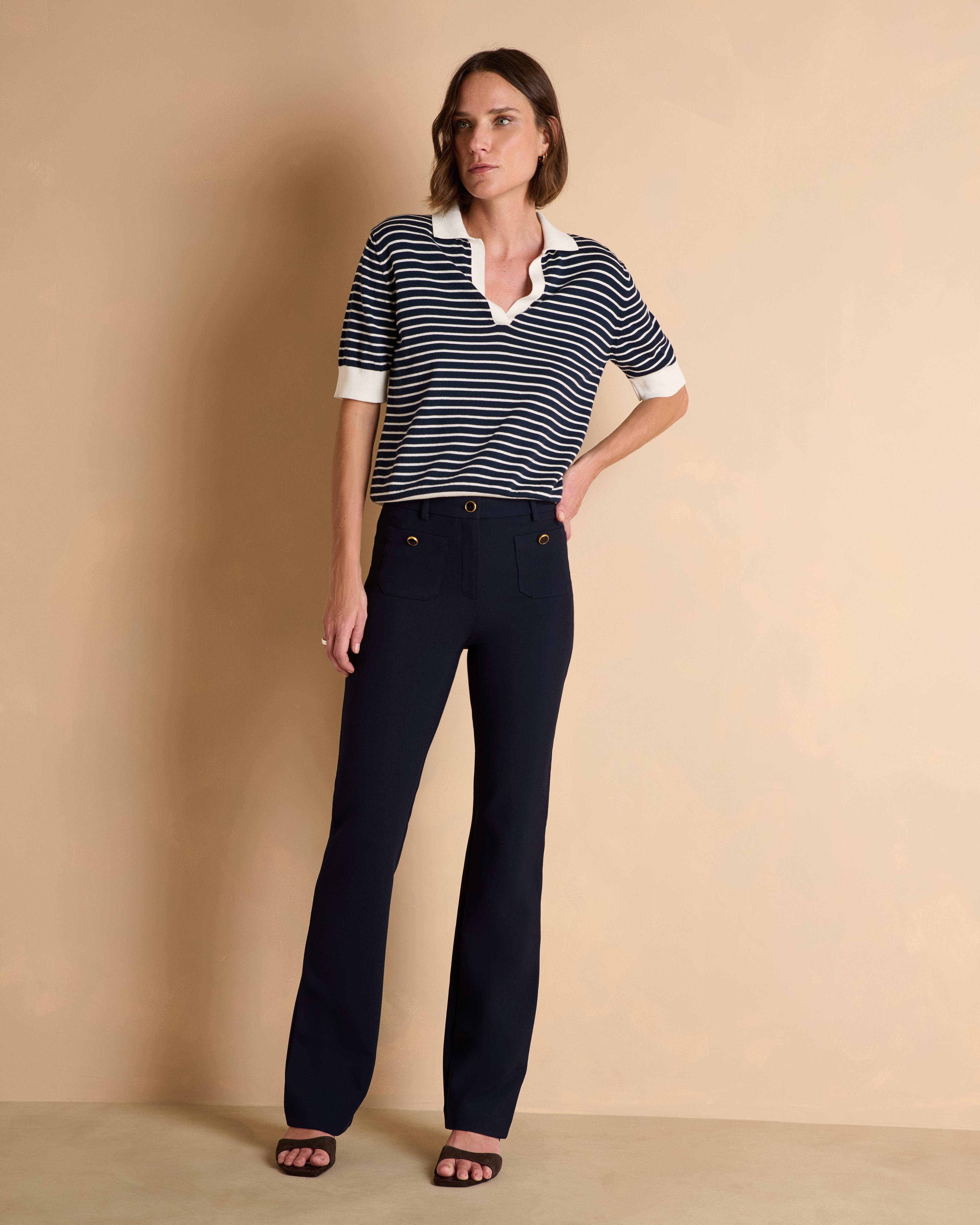 Pantalon bleu marine droit en double toile stretch
