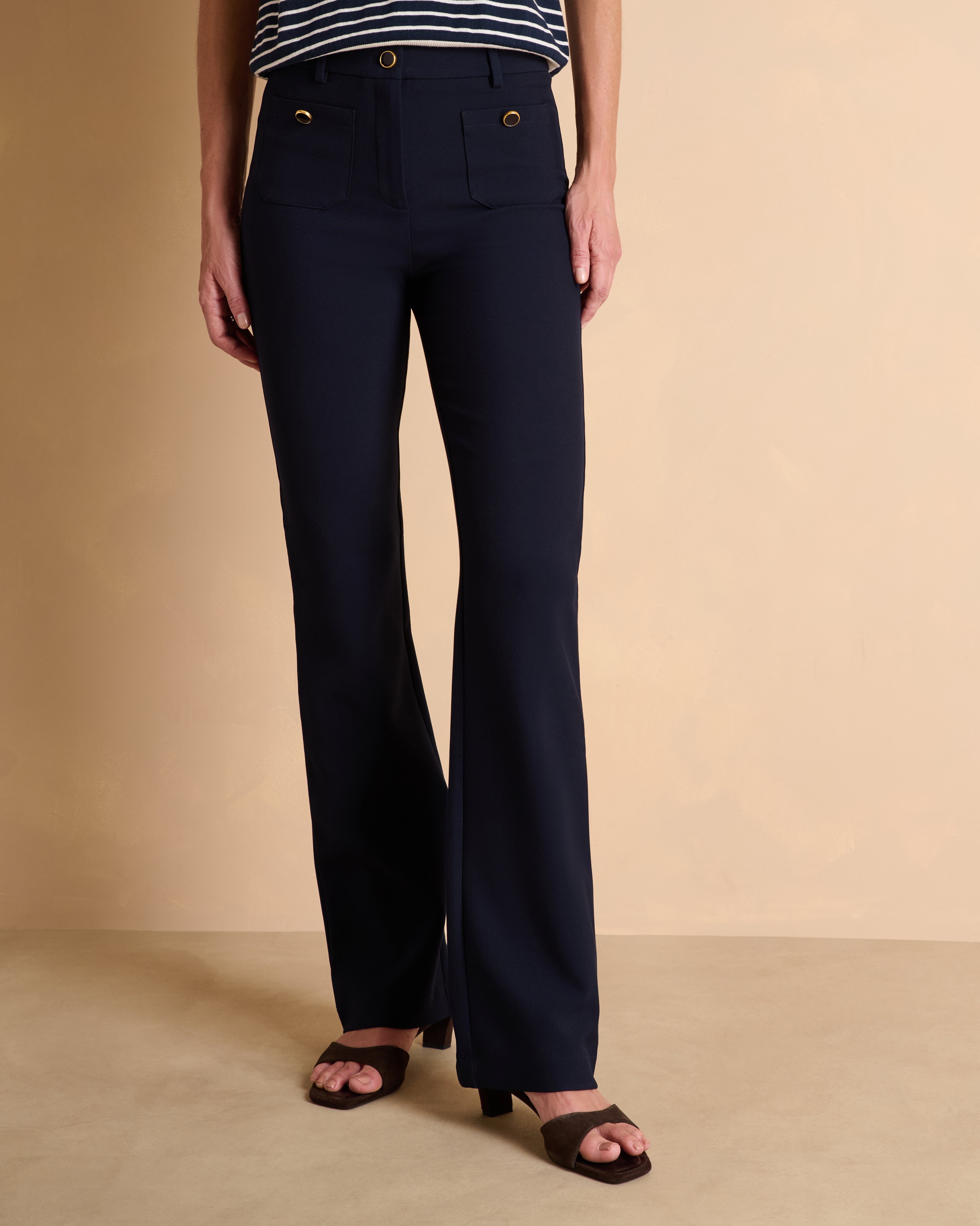 Pantalon bleu marine droit en double toile stretch