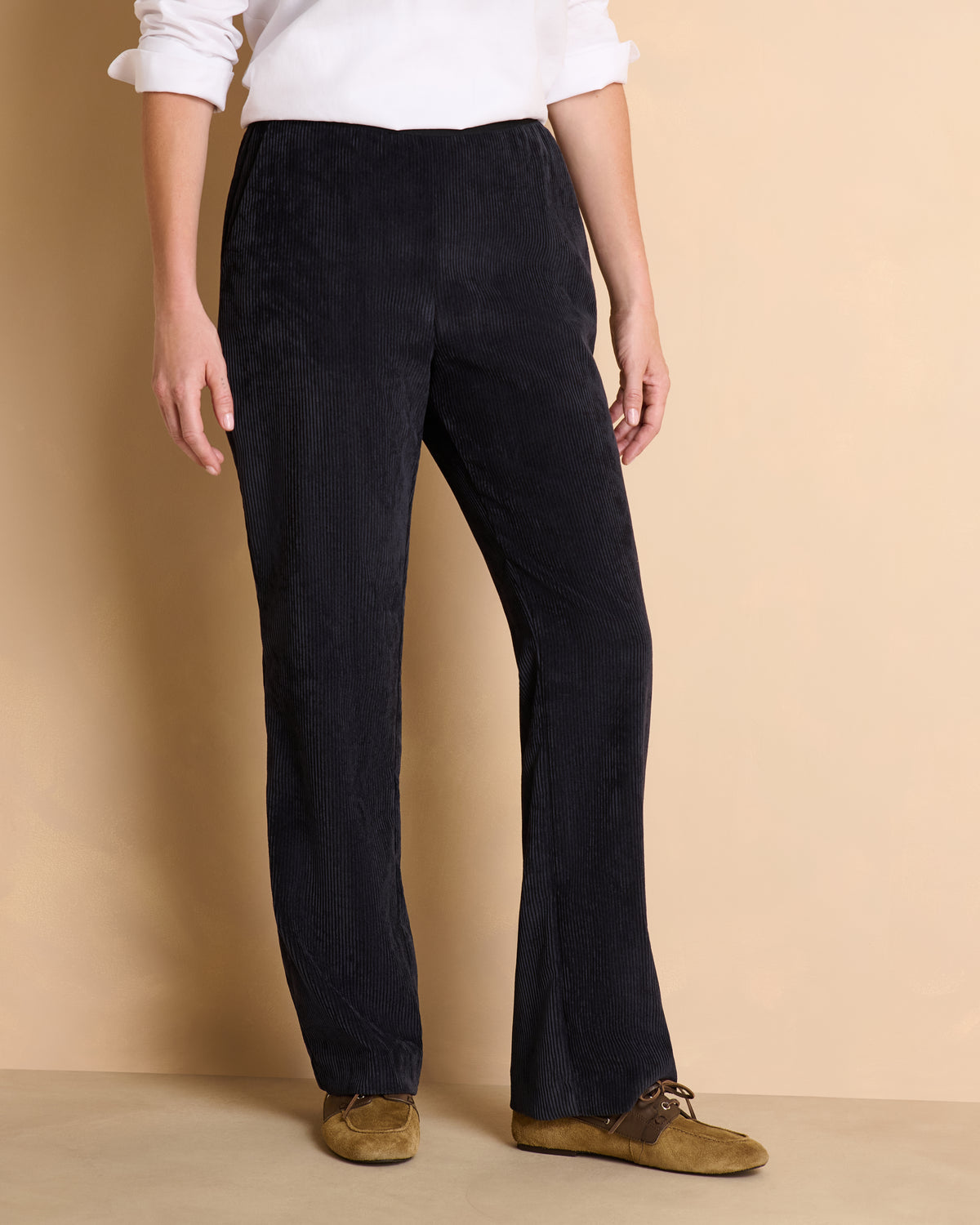 Pantalon bleu marine droit ceinture élastiquée en velours côtelé