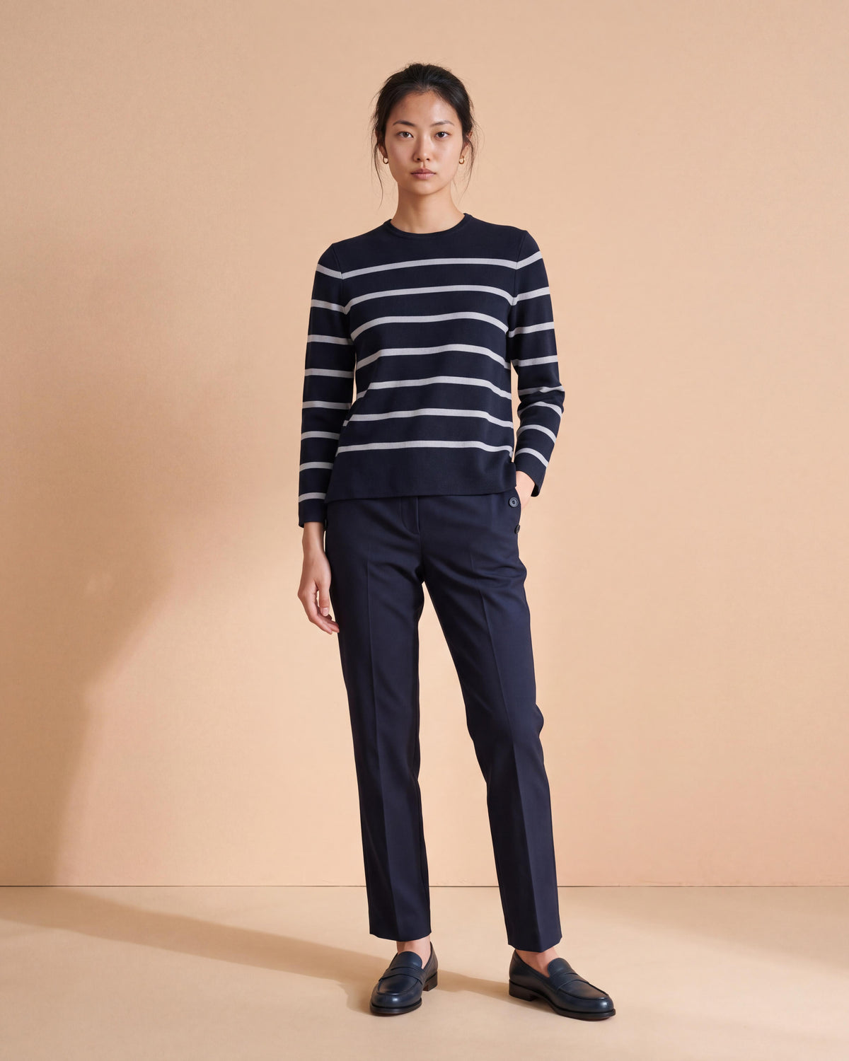 Pantalon bleu marine droit ceinture élastiquée PERFECT/14030/317