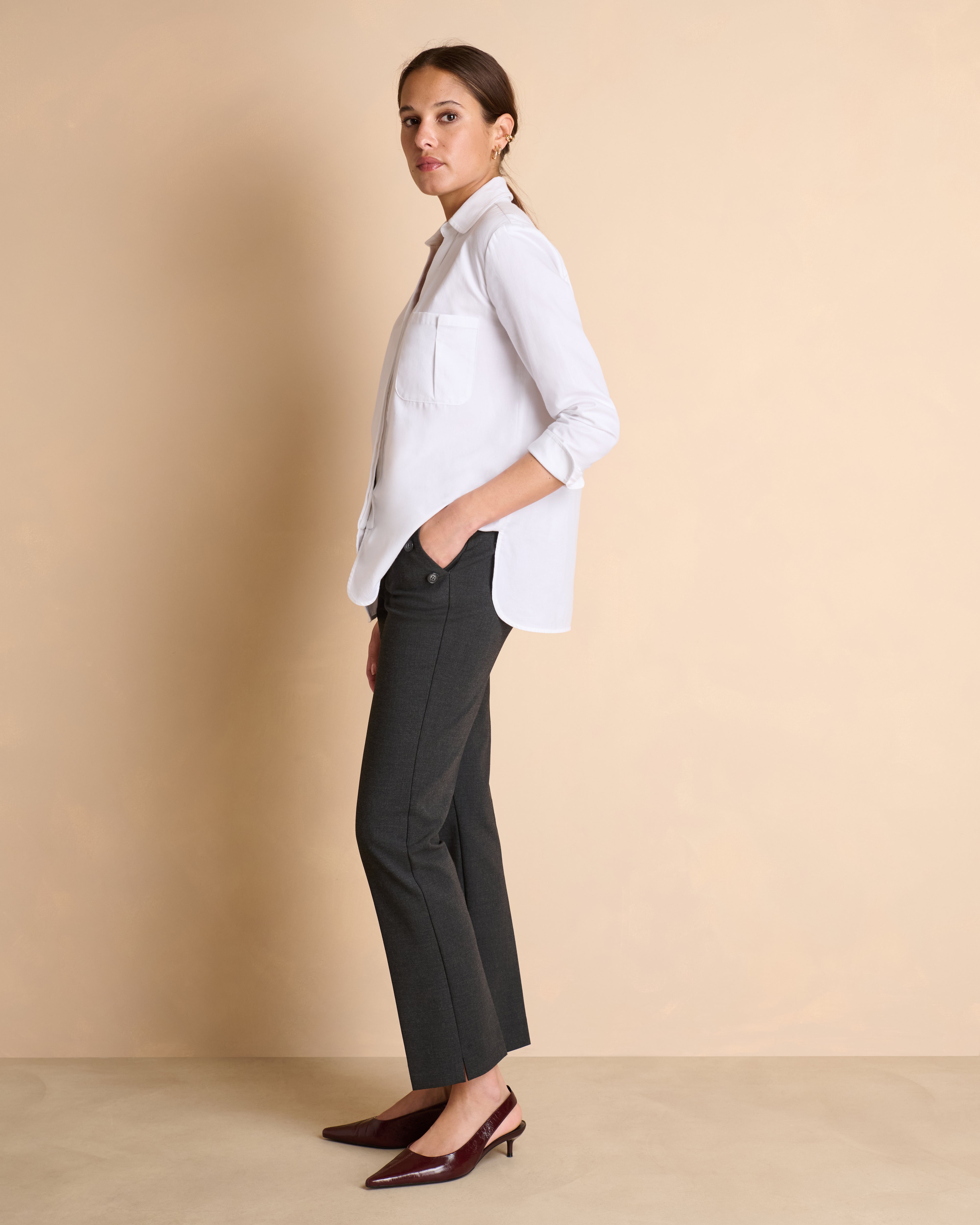Pantalon bleu marine droit ceinture élastiqué en tissu stretch