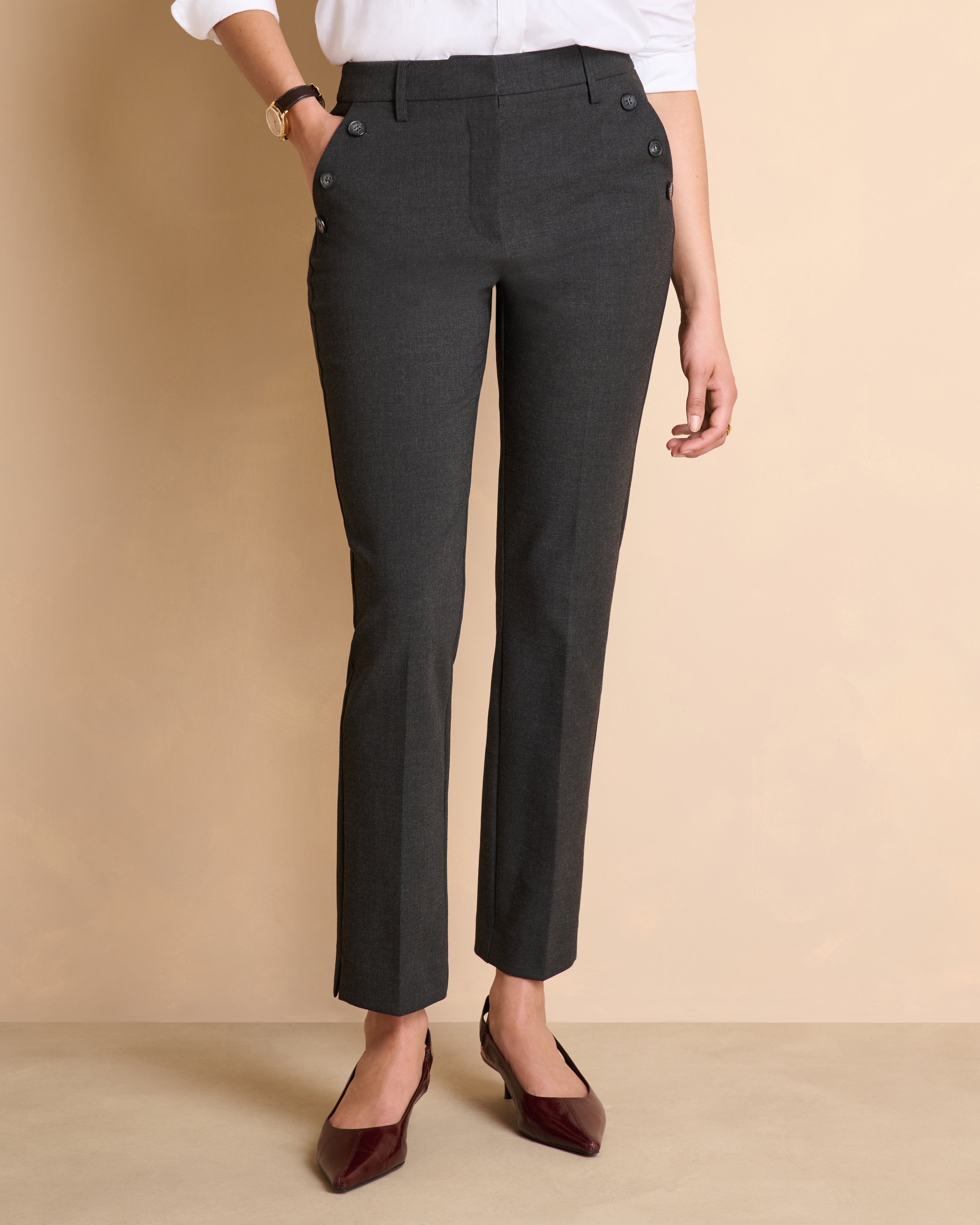 Pantalon bleu marine droit ceinture élastiqué en tissu stretch