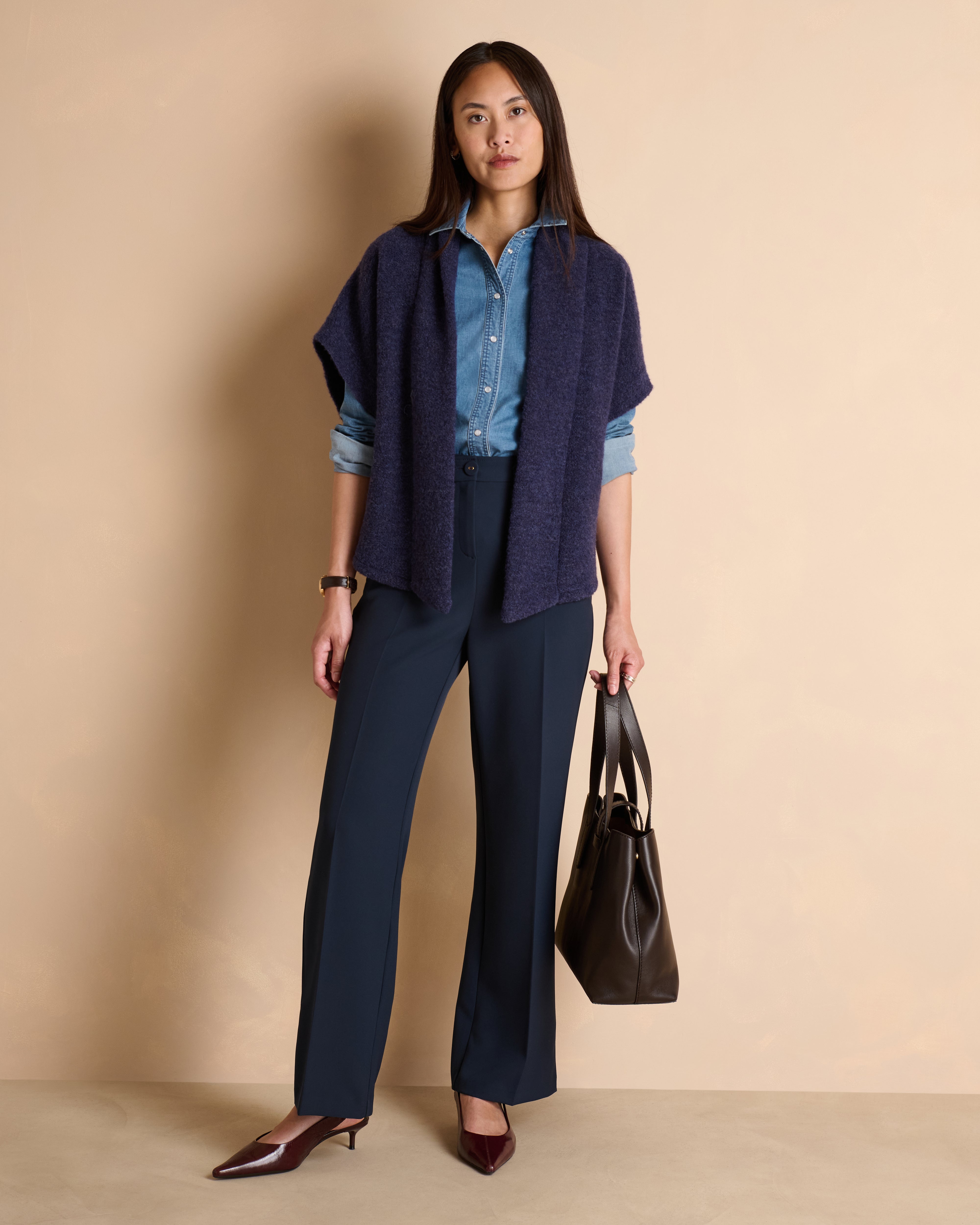 Pantalon bleu marine droit et large en polyester stretch