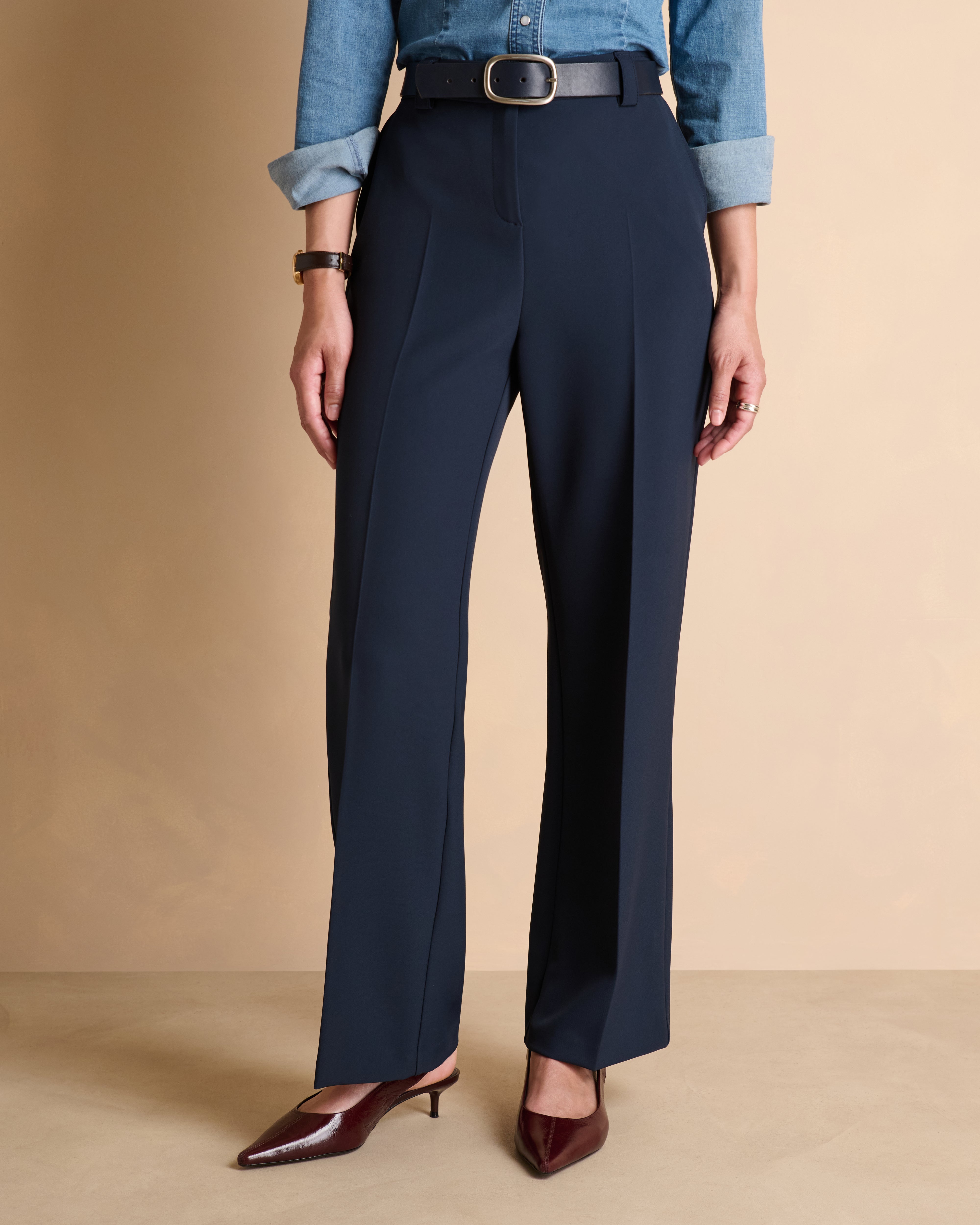 Pantalon bleu marine droit et large en polyester stretch