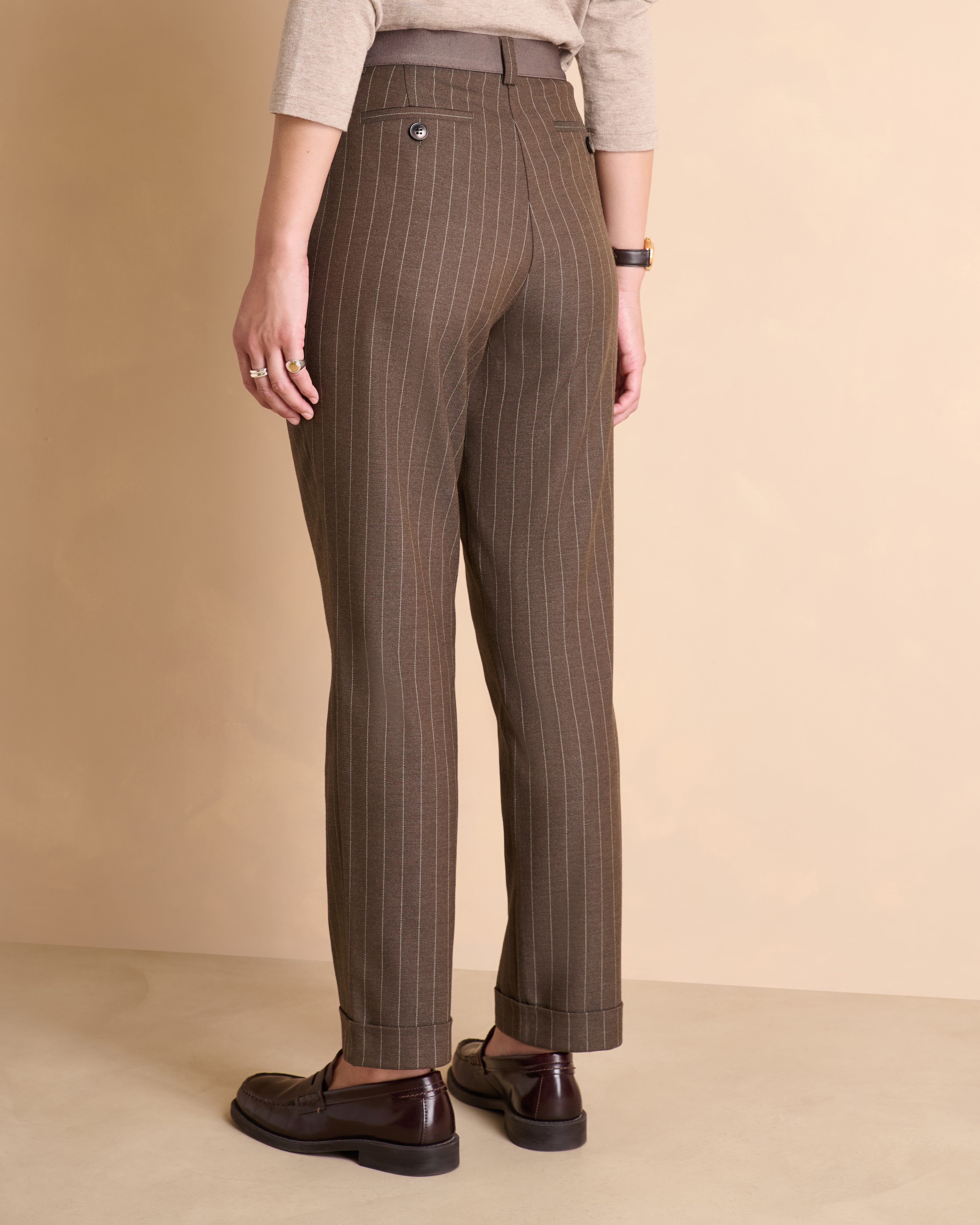 Pantalon marron 7/8e droit à rayures
