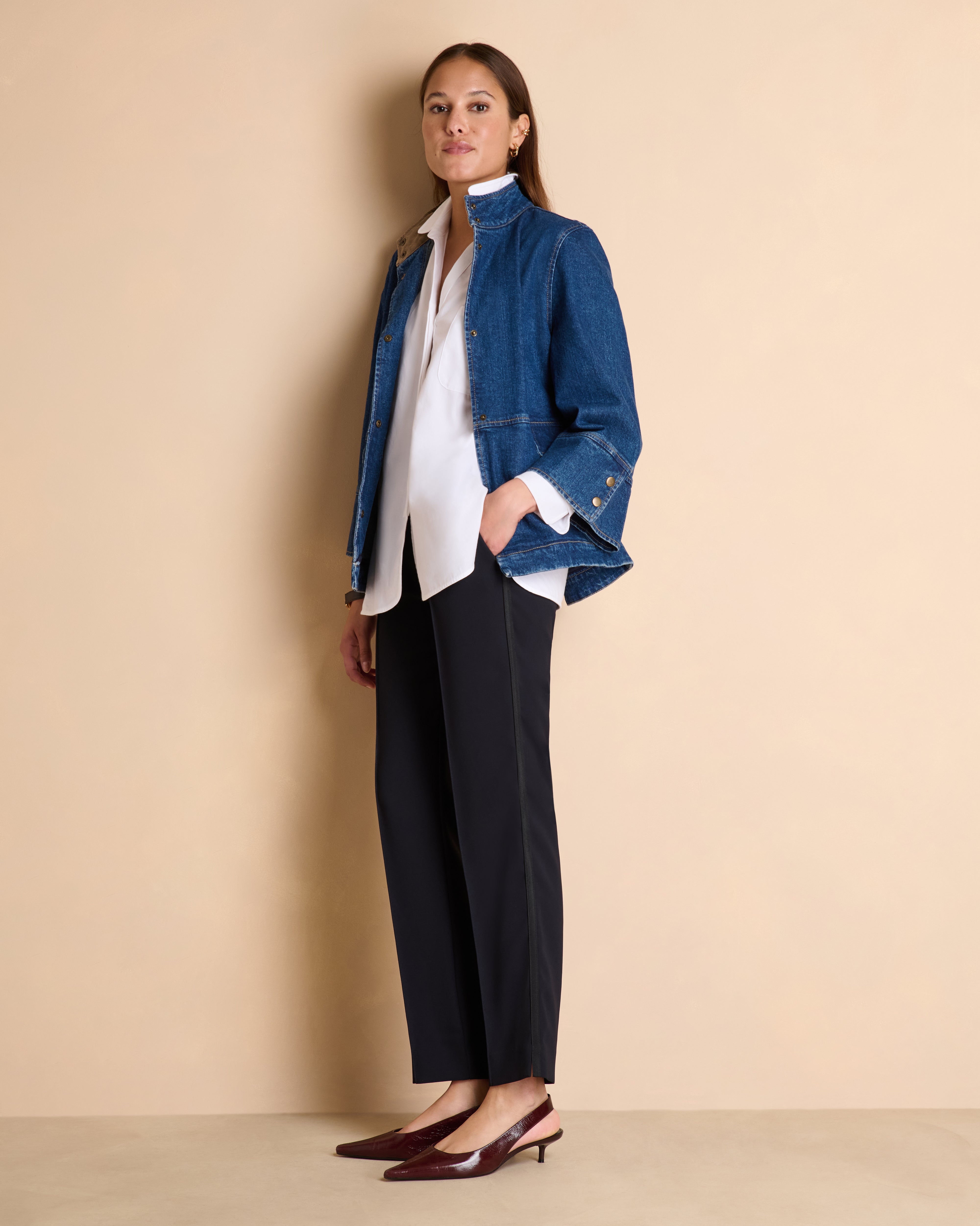 Pantalon bleu foncé taille élastiquée en polyester stretch