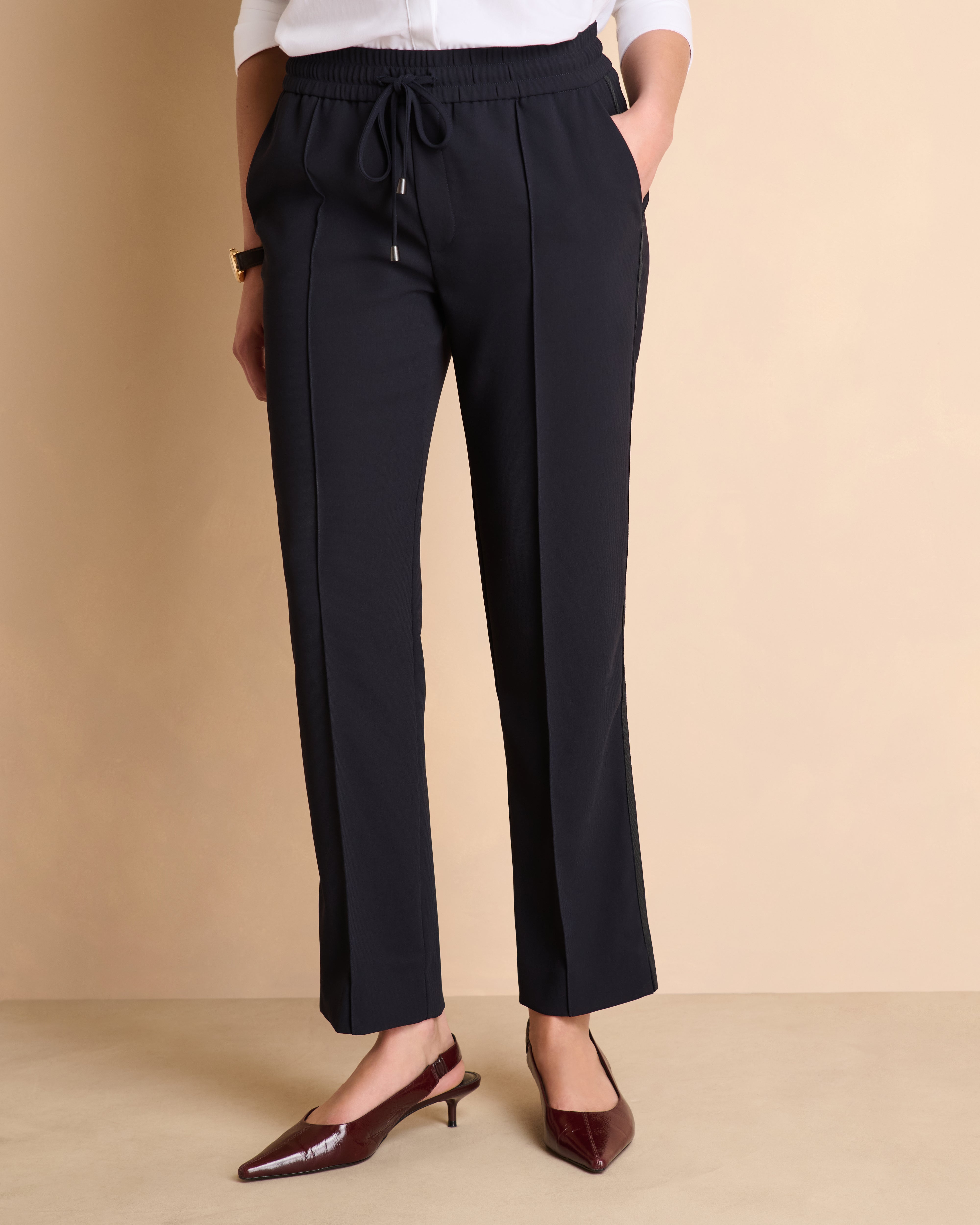Pantalon bleu foncé taille élastiquée en polyester stretch