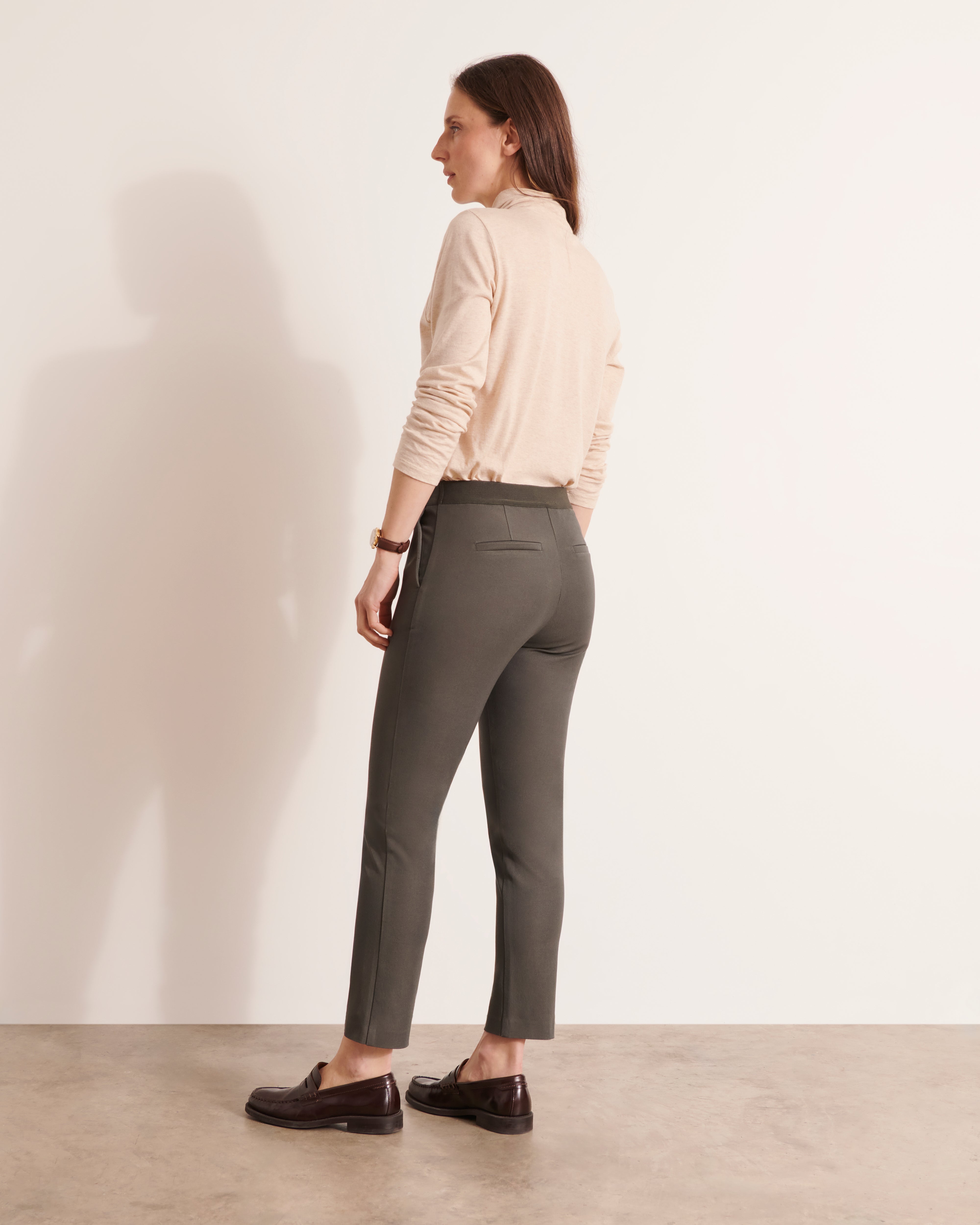 pantalon droit en coton et viscose stretch taille élastiquée