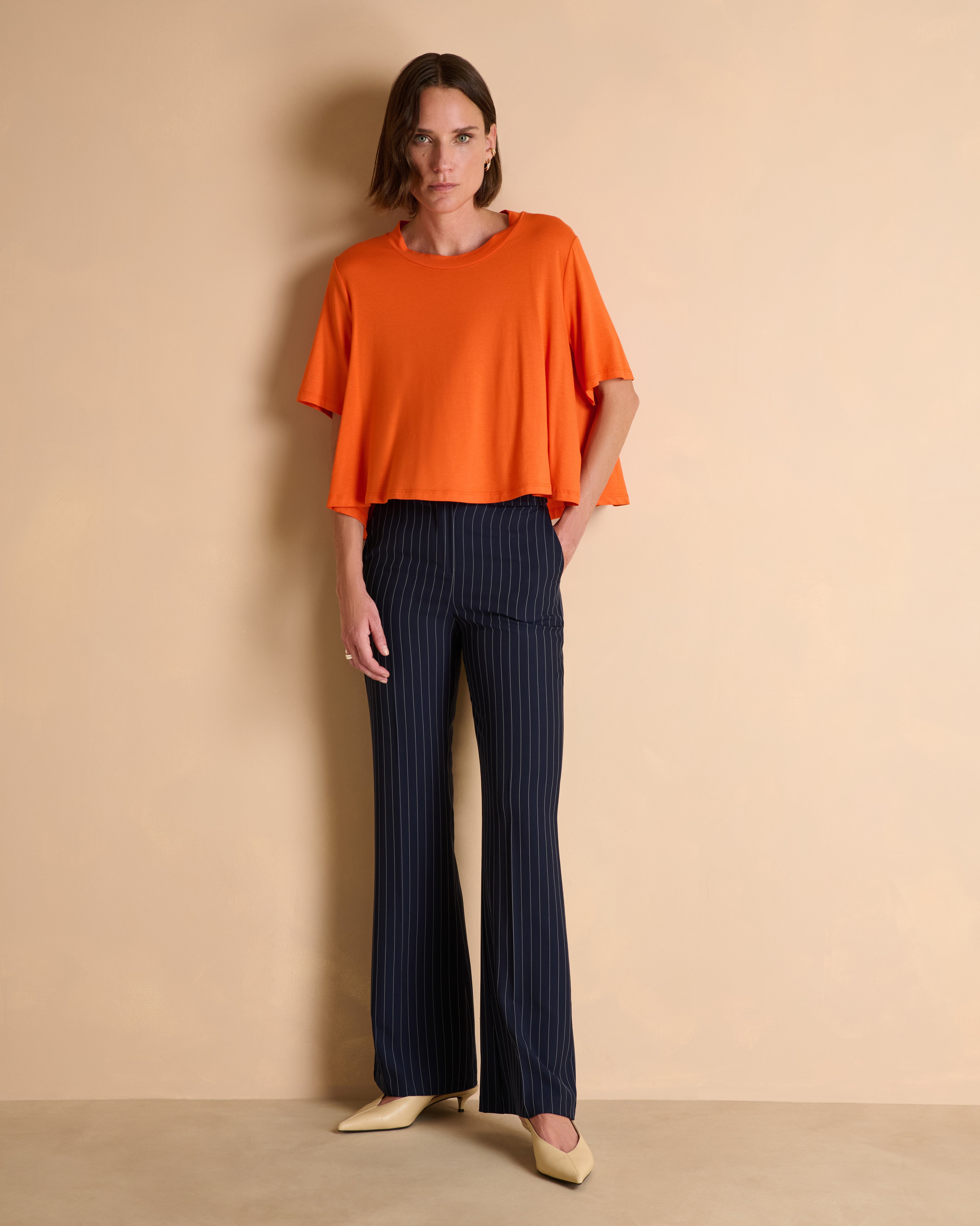 Pantalon large bleu marine à rayures en polyester stretch