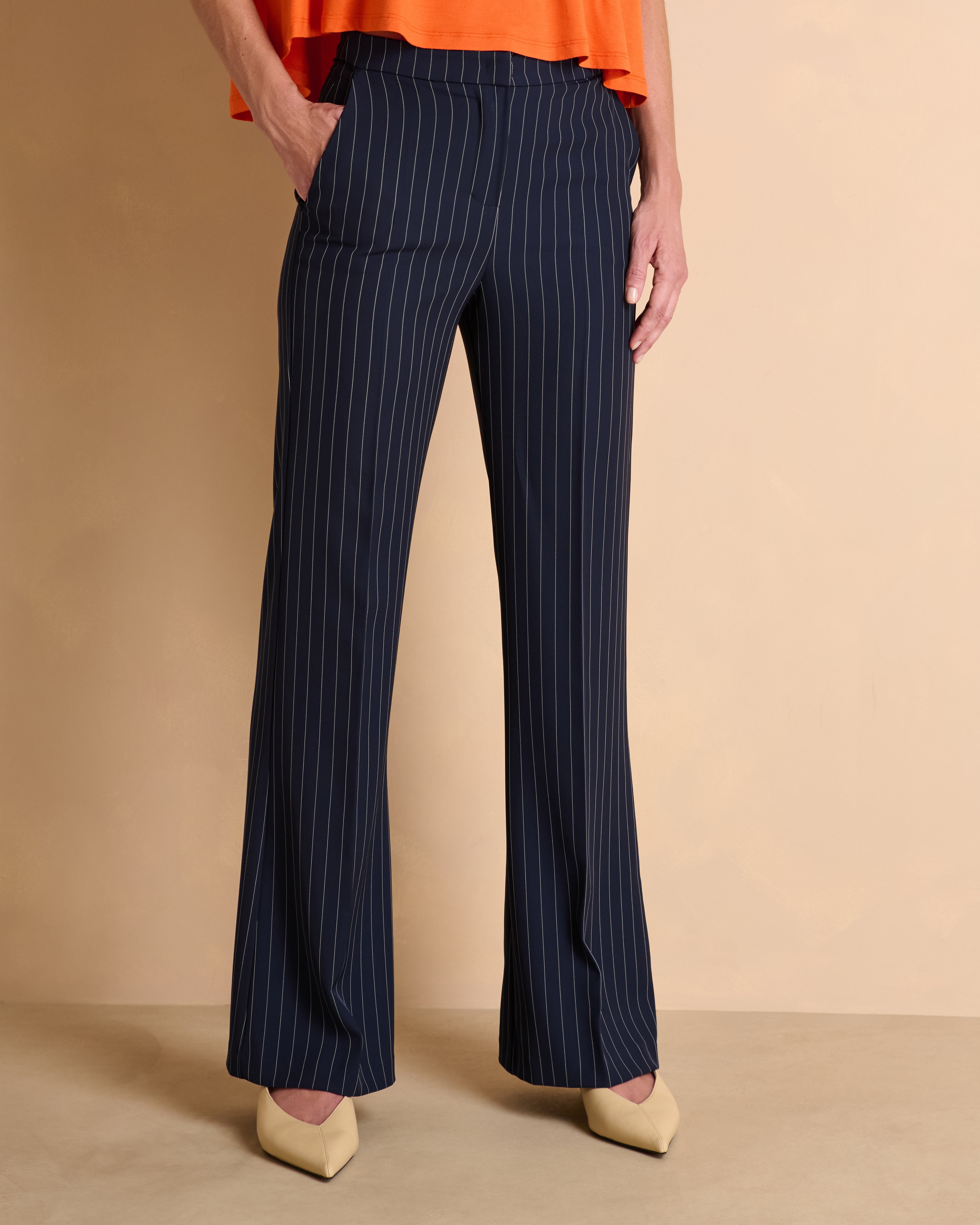 Pantalon large bleu marine à rayures en polyester stretch