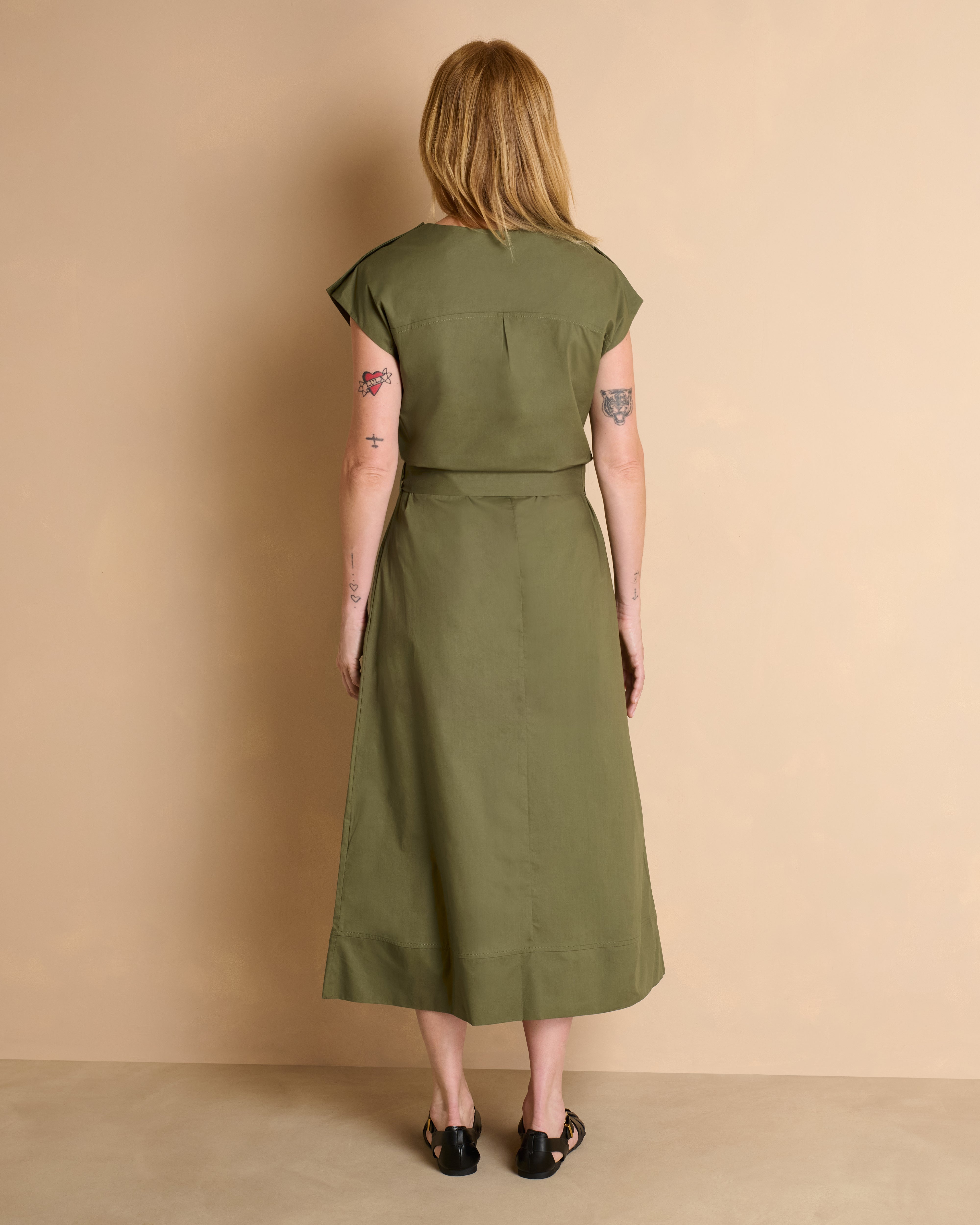 Robe longue kaki manches kimono en popeline de coton