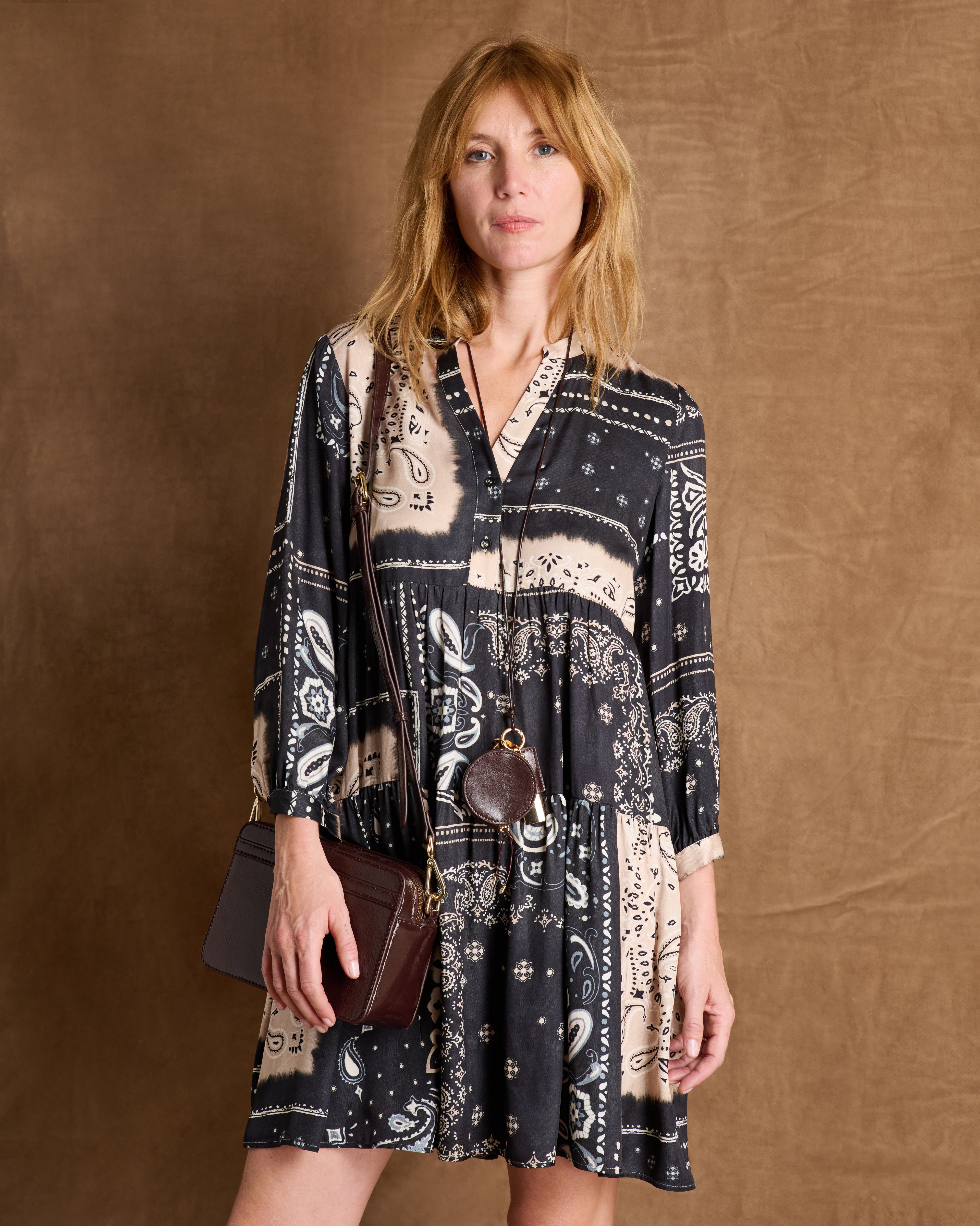 Robe courte noire imprimée manches 3/4 REDFORD/14160/671