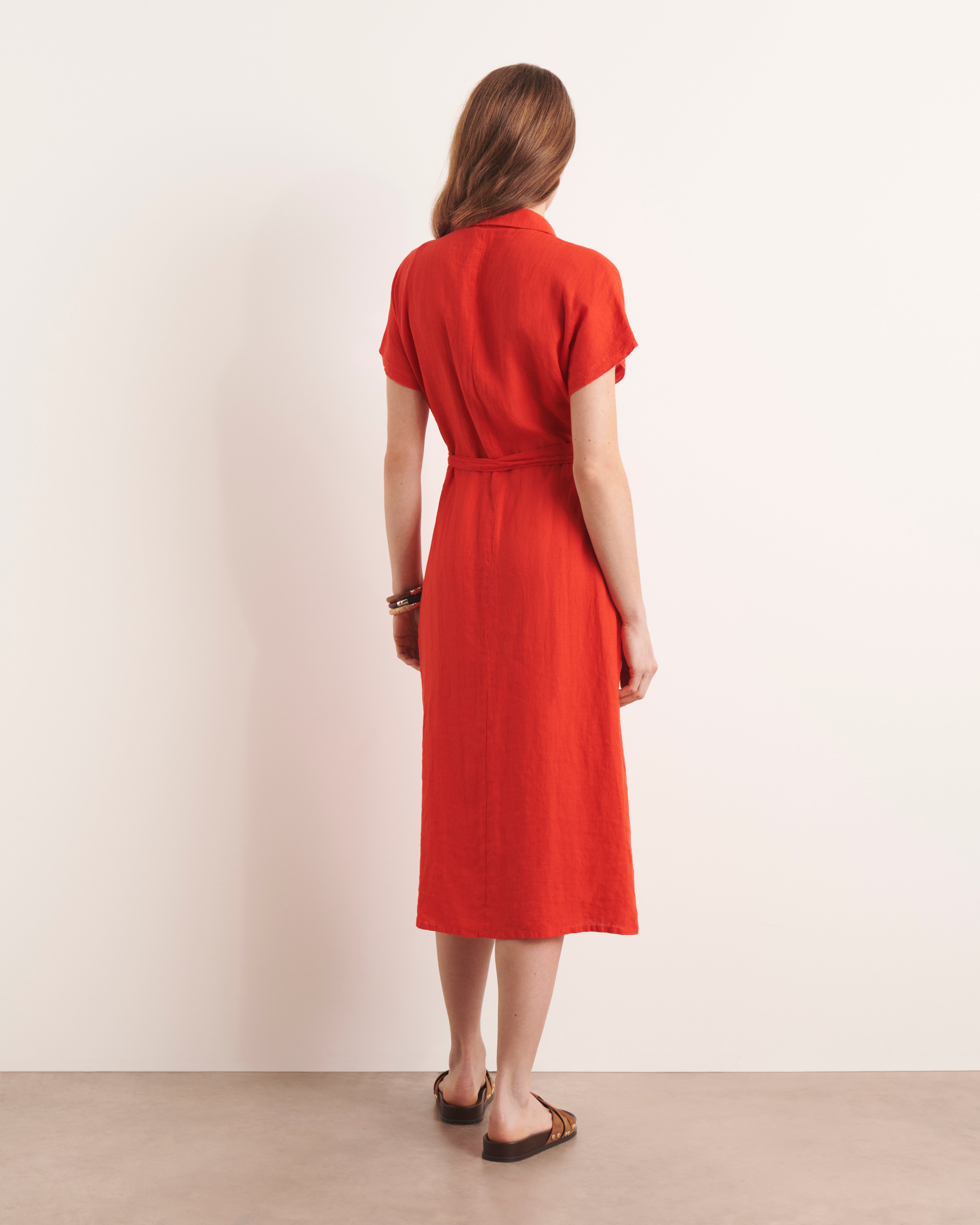 robe cache-cœur longueur midi orange en lin