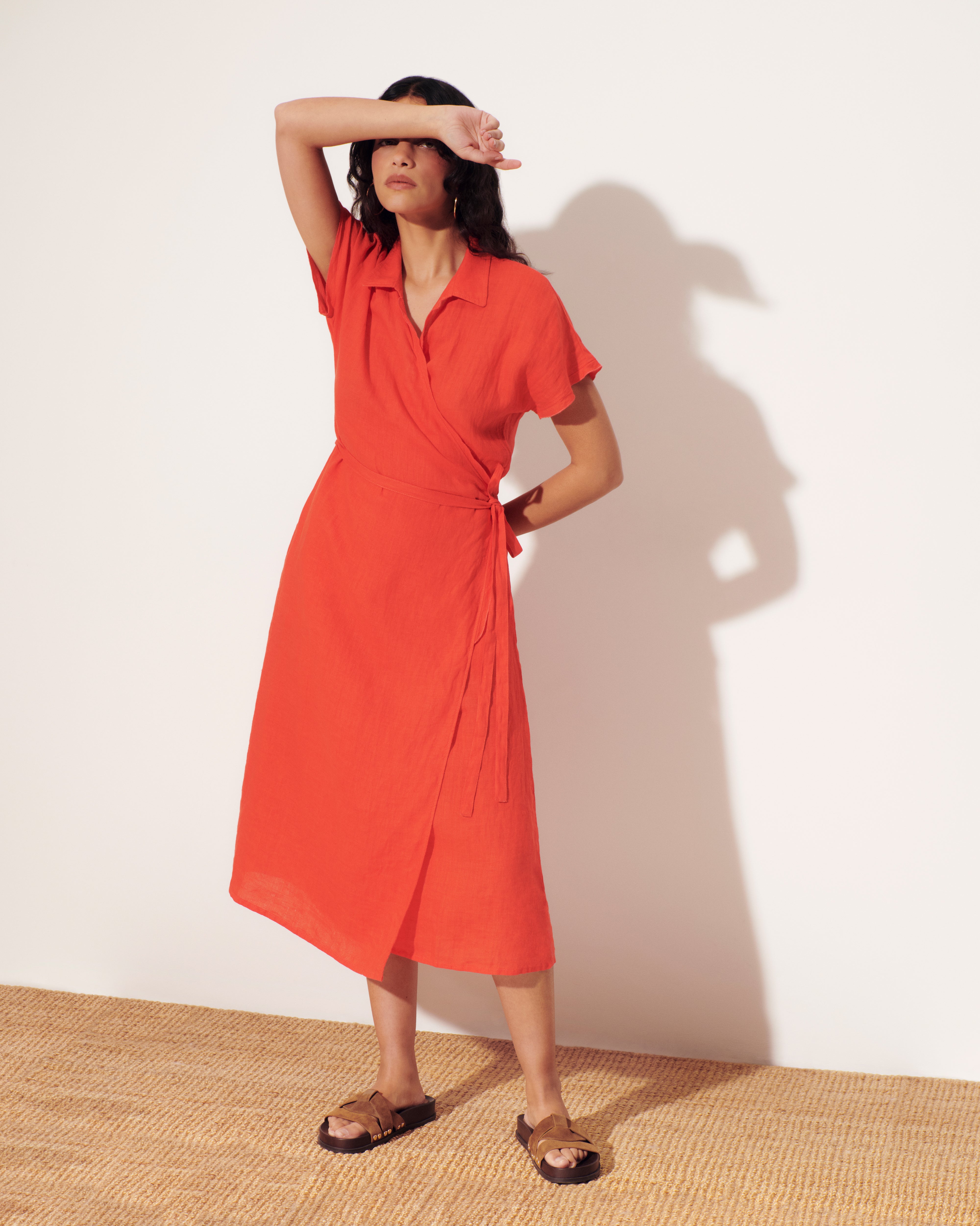 Robe cache-cœur orange longueur midi RIZA/13132/117