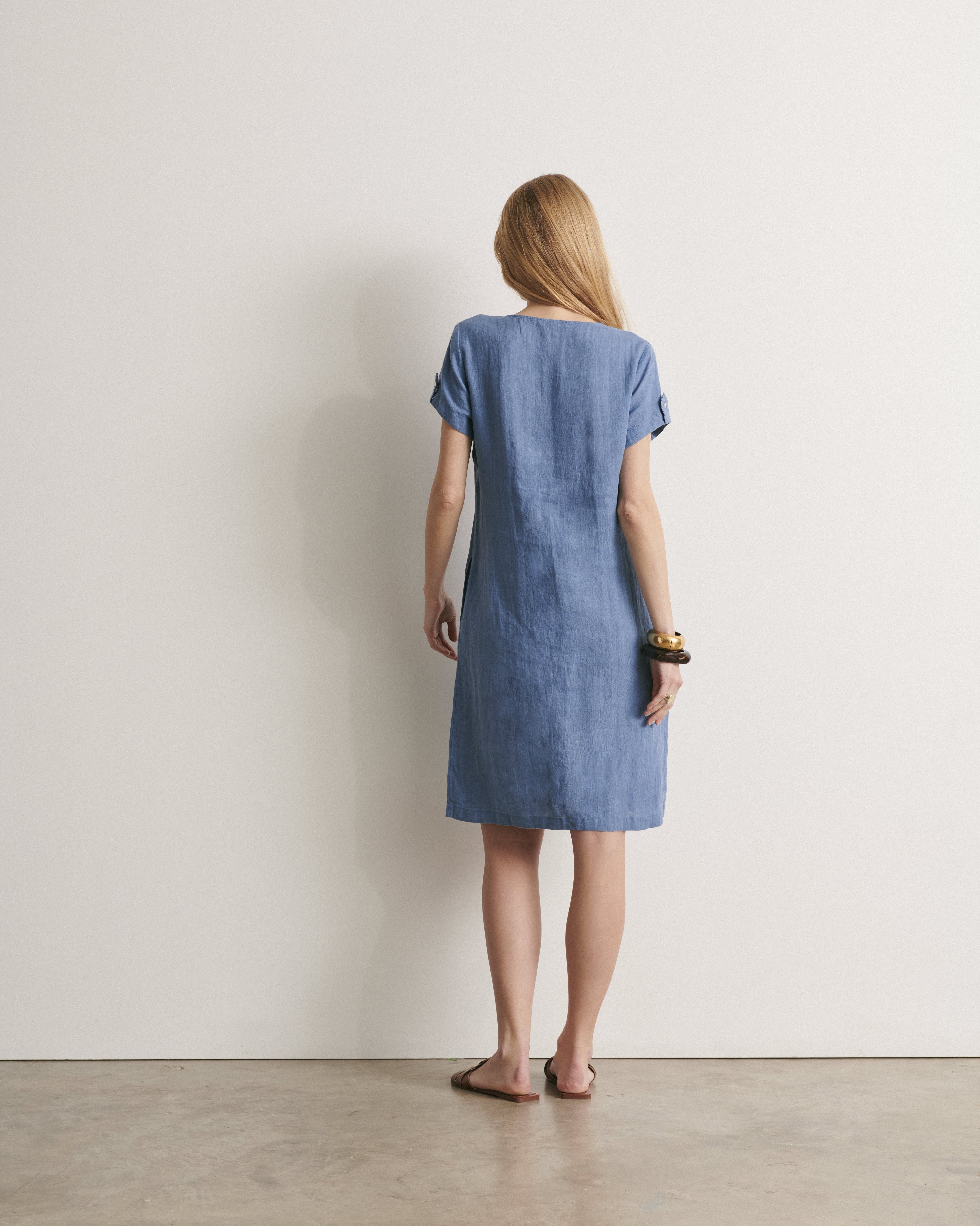 robe longueur genou en lin lavé bleu