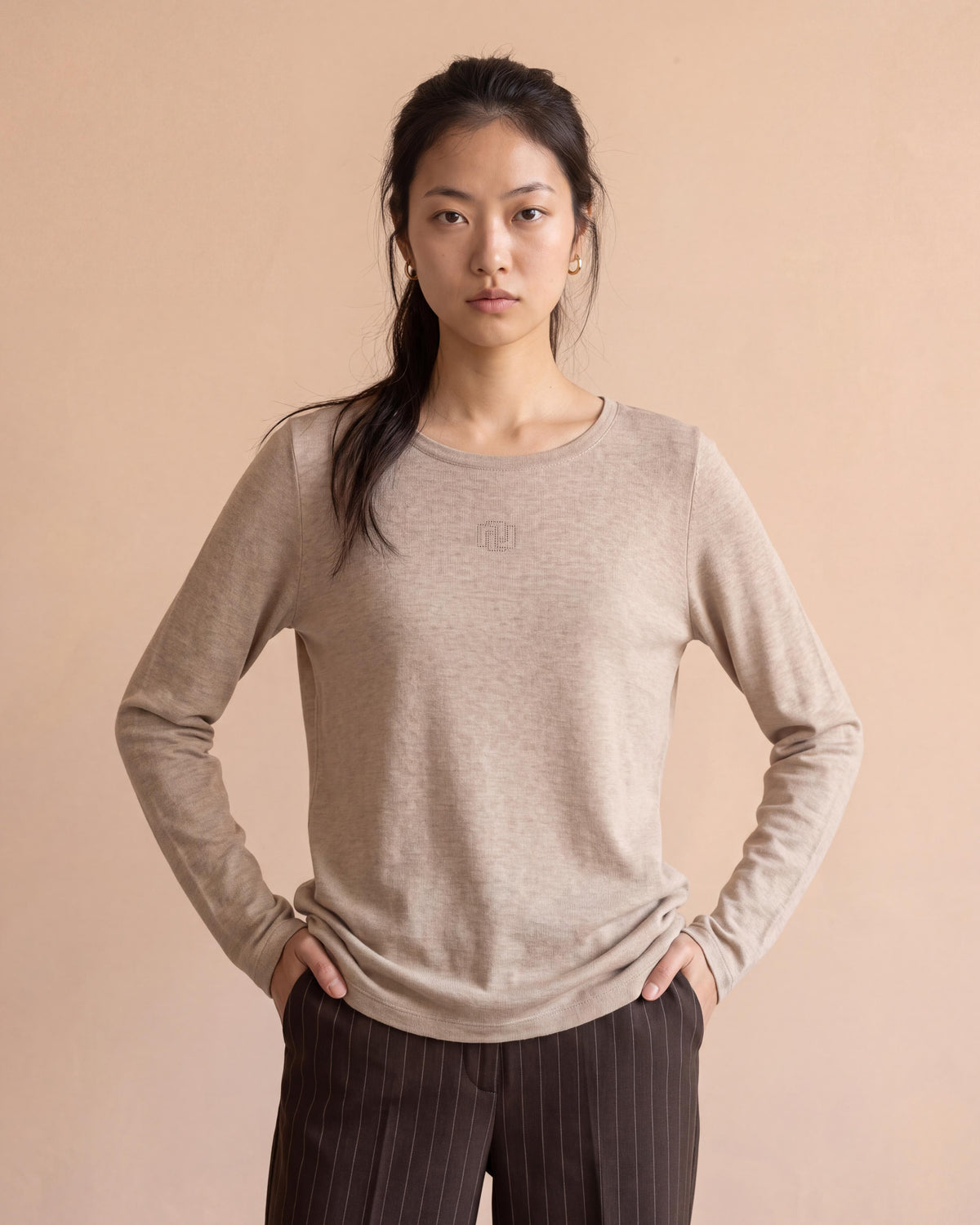 Tee-shirt beige encolure ronde manches longues TOUCH14/14121/022
